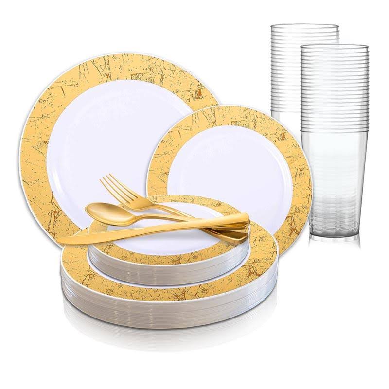 20 Settings White With Gold Marble Rim Disposable Plastic Wedding