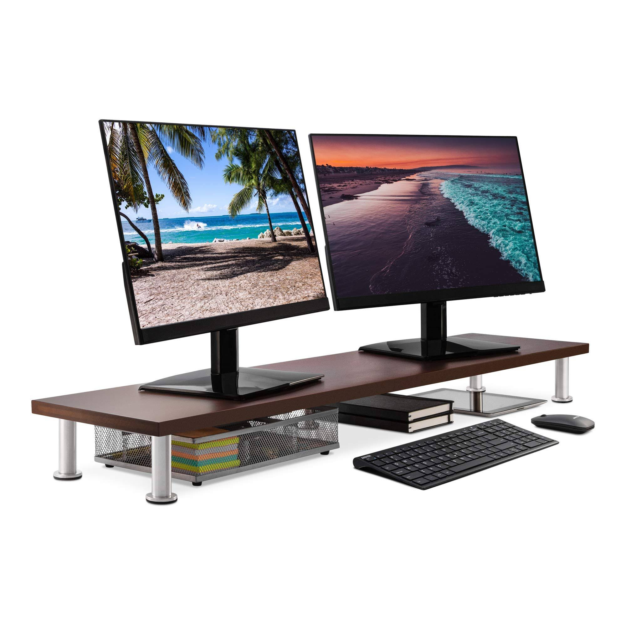 Large Dual Monitor Stand For Computer Screens Solid Bamboo Riser