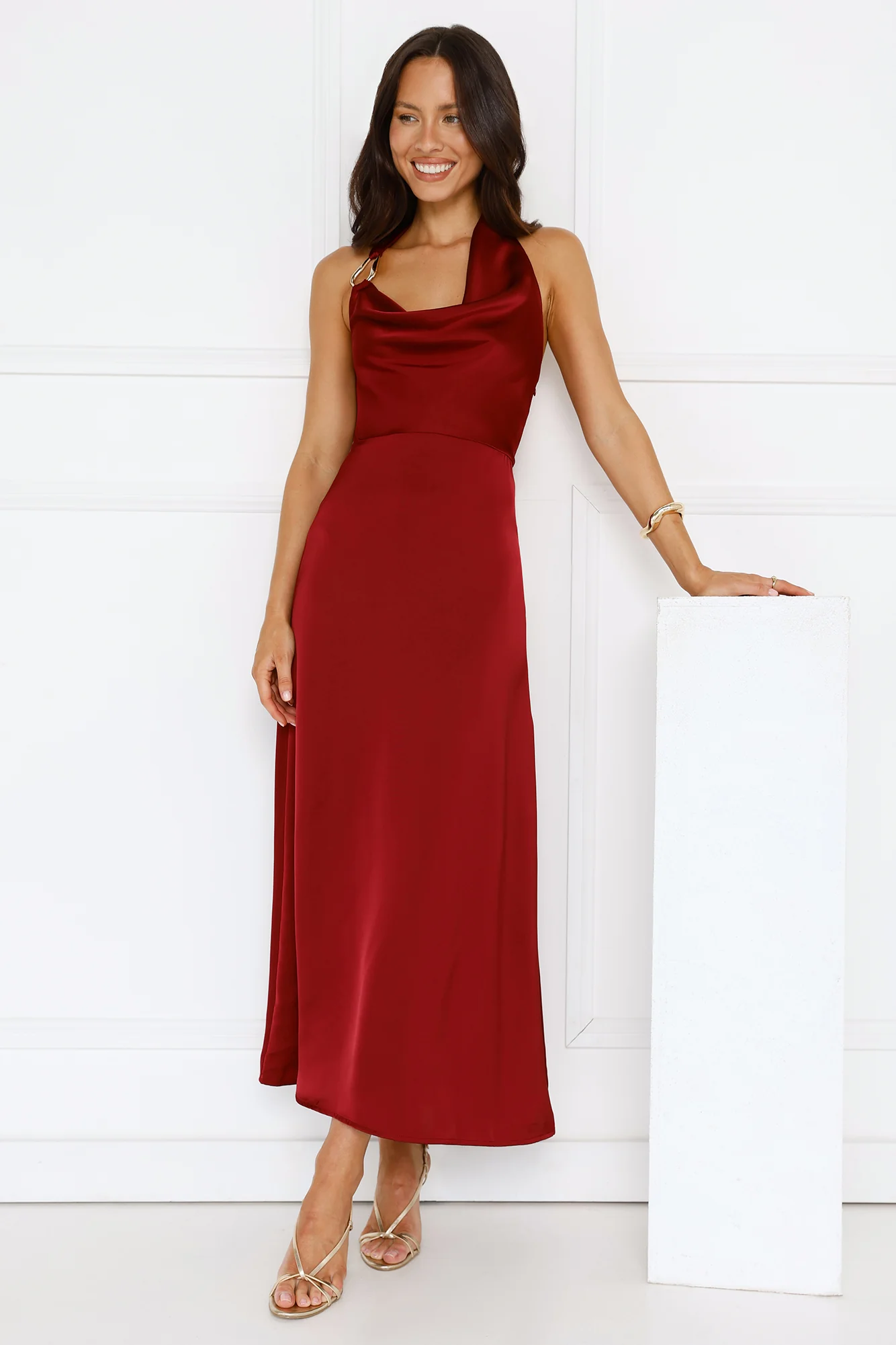 Night's Allure Satin Halter Maxi Dress Wine