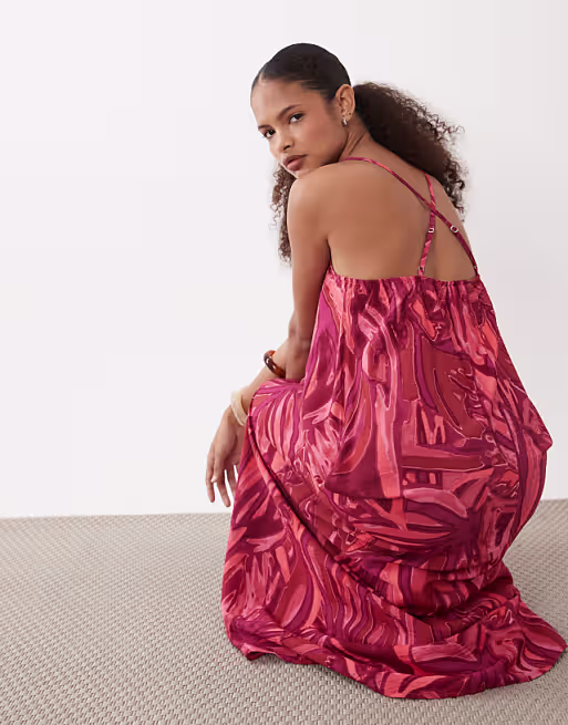 VILA cami maxi dress with crossed straps in red tropical print