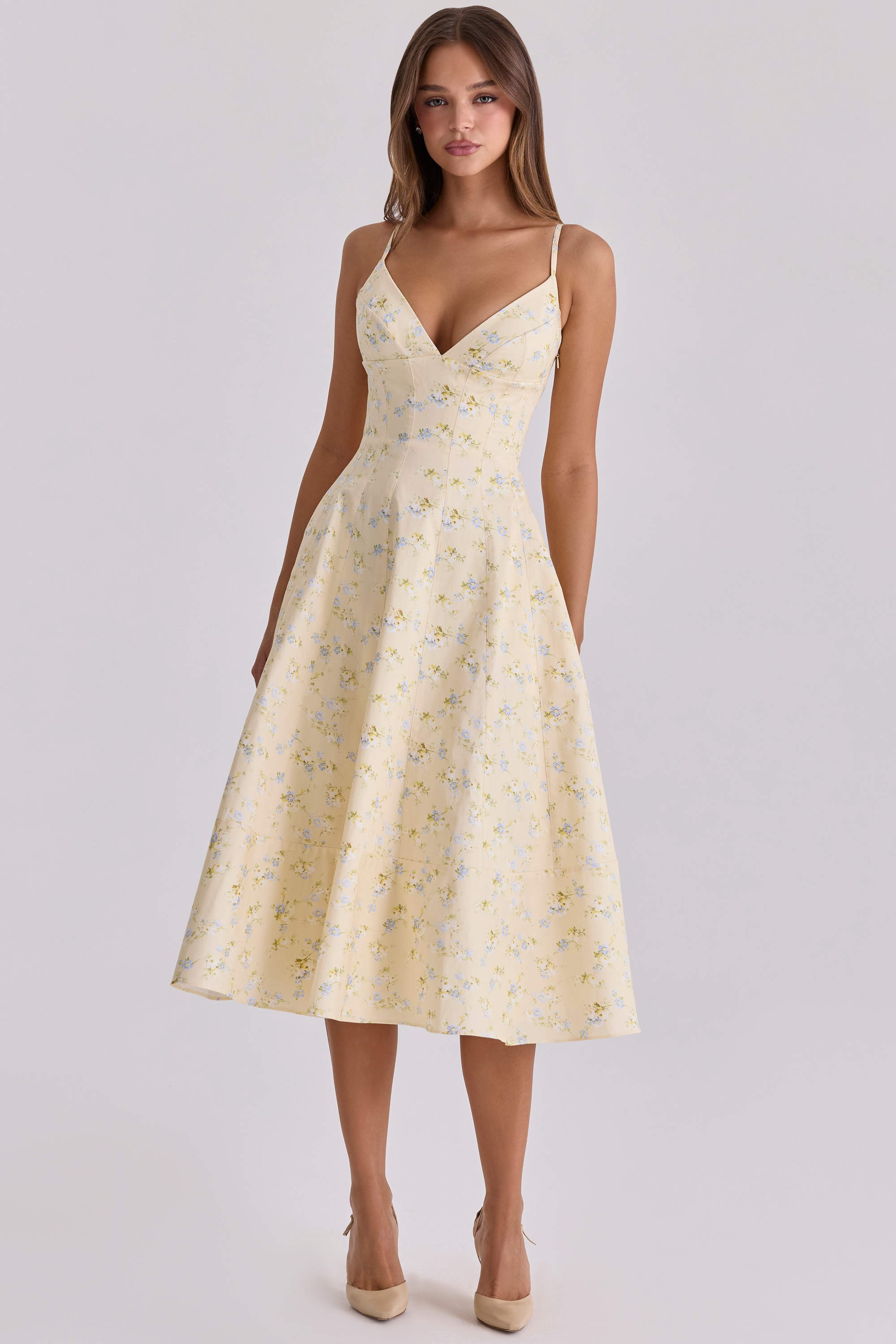 lemon floral print strappy cotton midi sundress