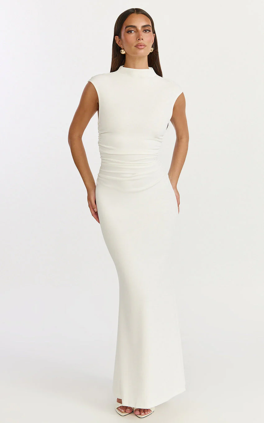 Eira Maxi Dress - High Neck Cap Sleeve Maxi Dress in White - luluinthesky