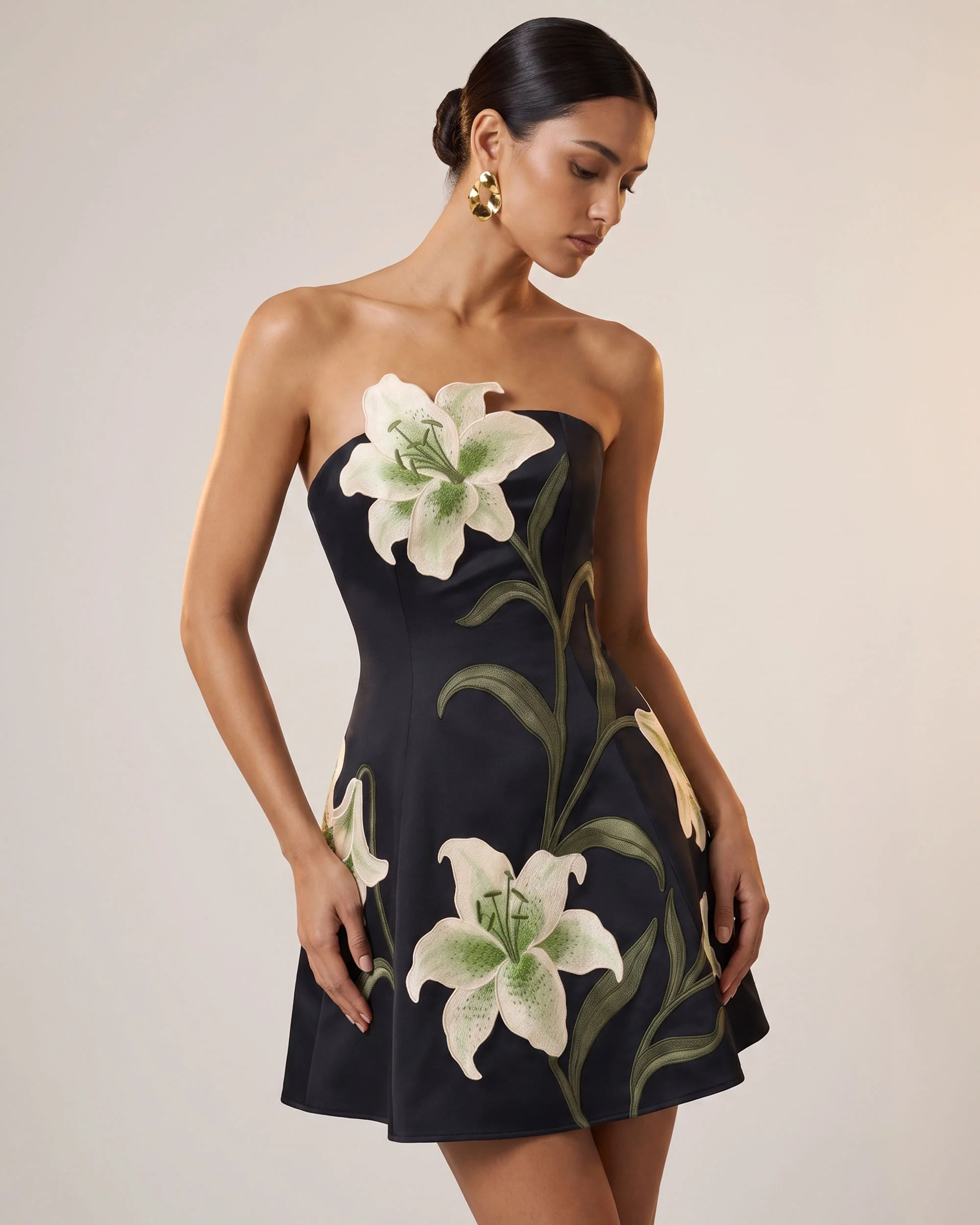 Lily Floral Print Strapless A-Line Mini Dress - Black - FASHION NOB