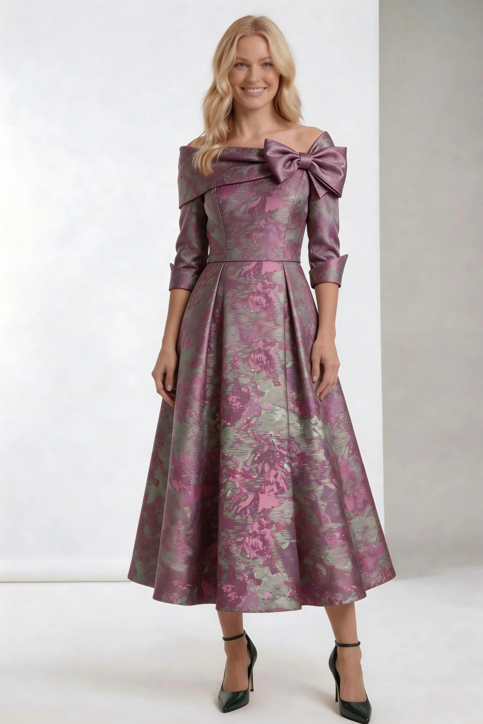 A-Line Tea-Length Jacquard Mother of the Bride Dress CM0418