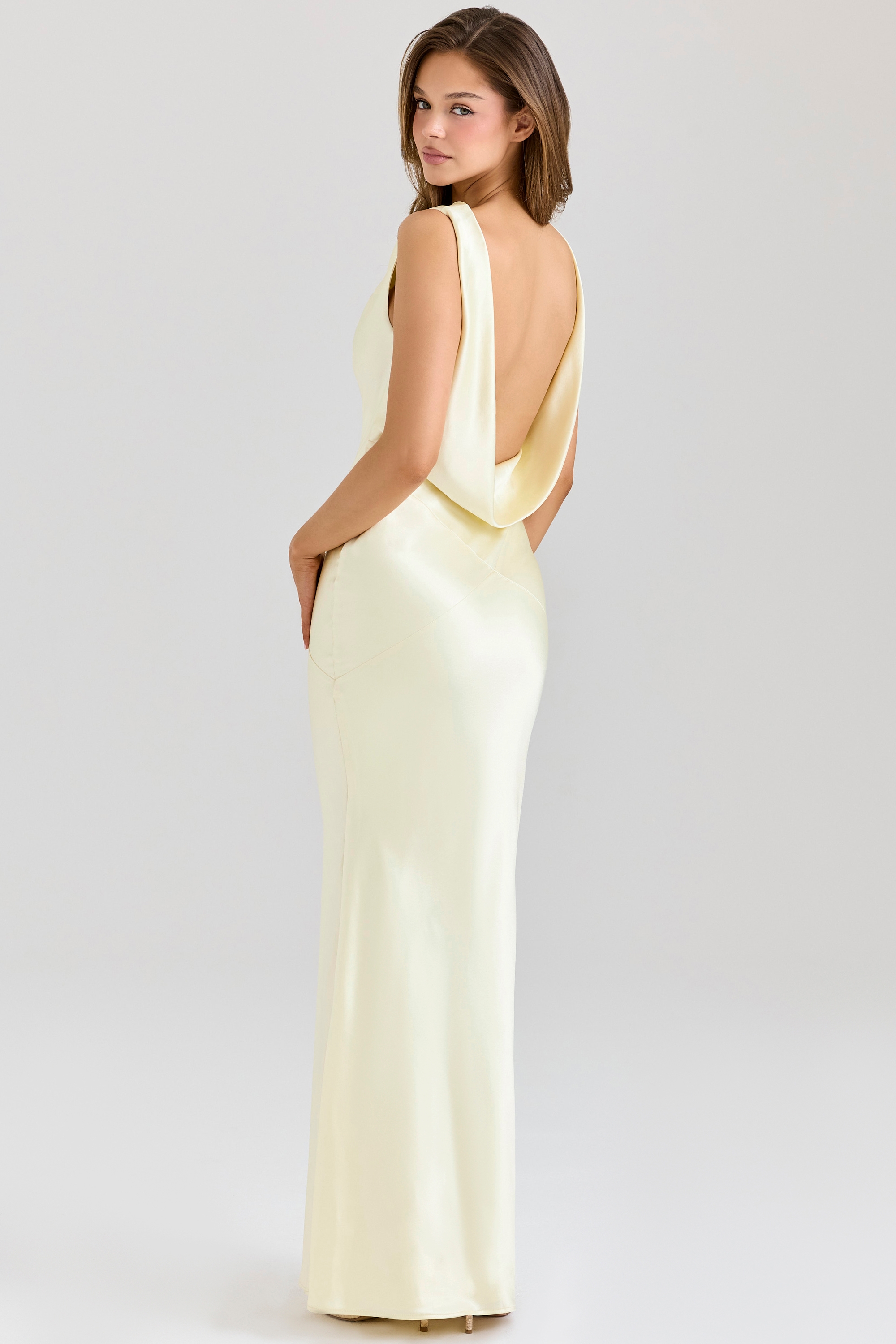buttermilk satin draped cowl neck maxi dress