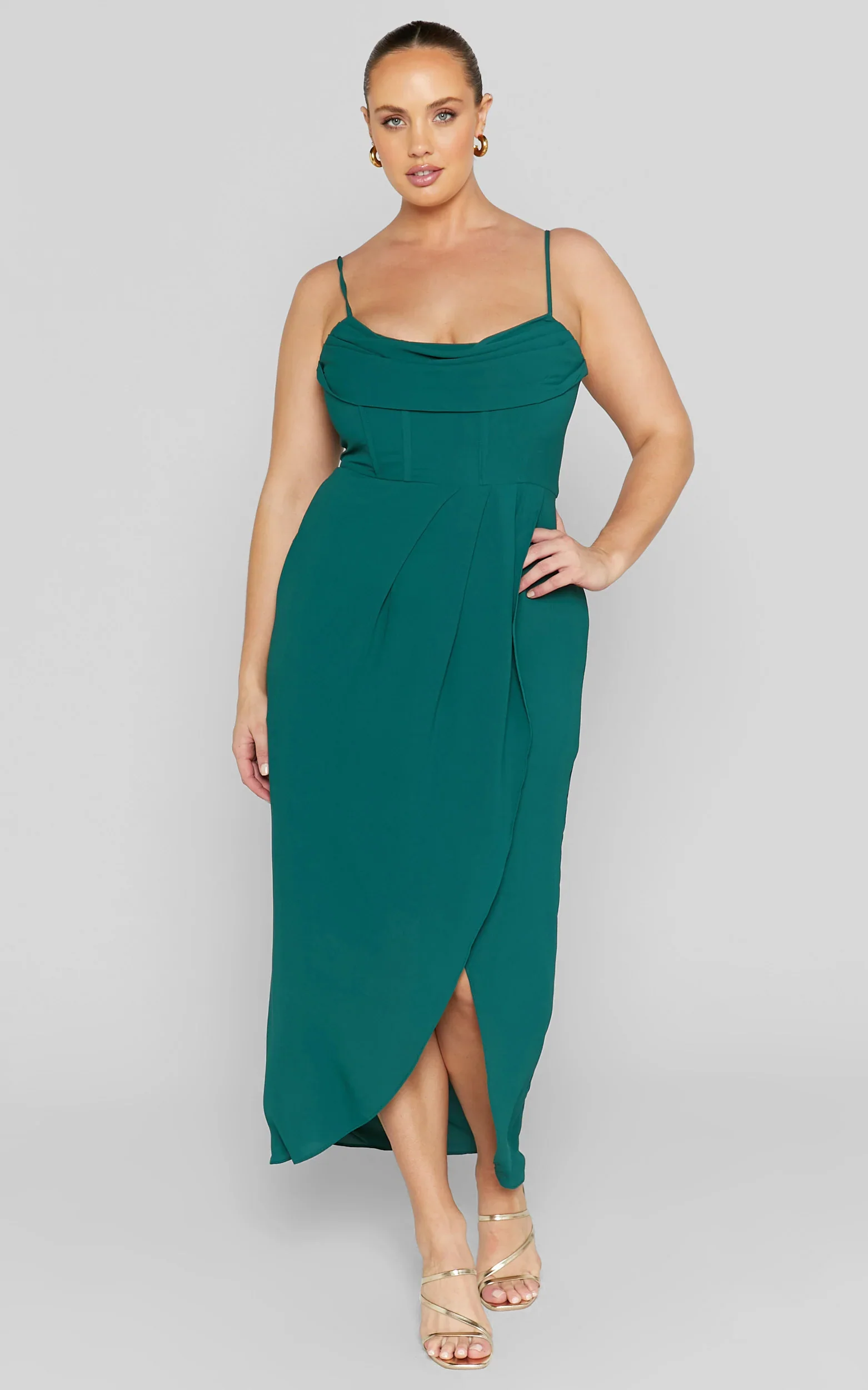 Andrina Midi Dress - High Low Wrap Corset Dress in Forest Green