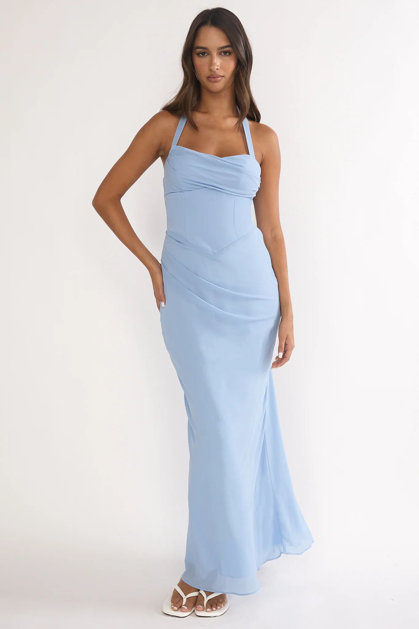 Rovelle Halterneck Pleat Waist Maxi Dress Sky Blue