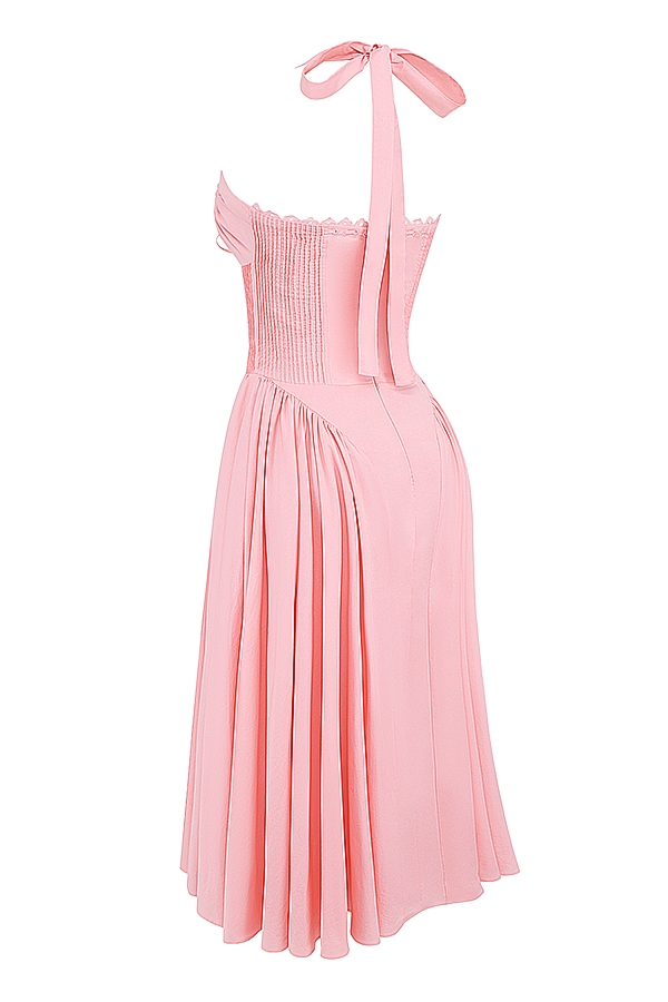 Rose Pink Cotton Halter Midi Sundress