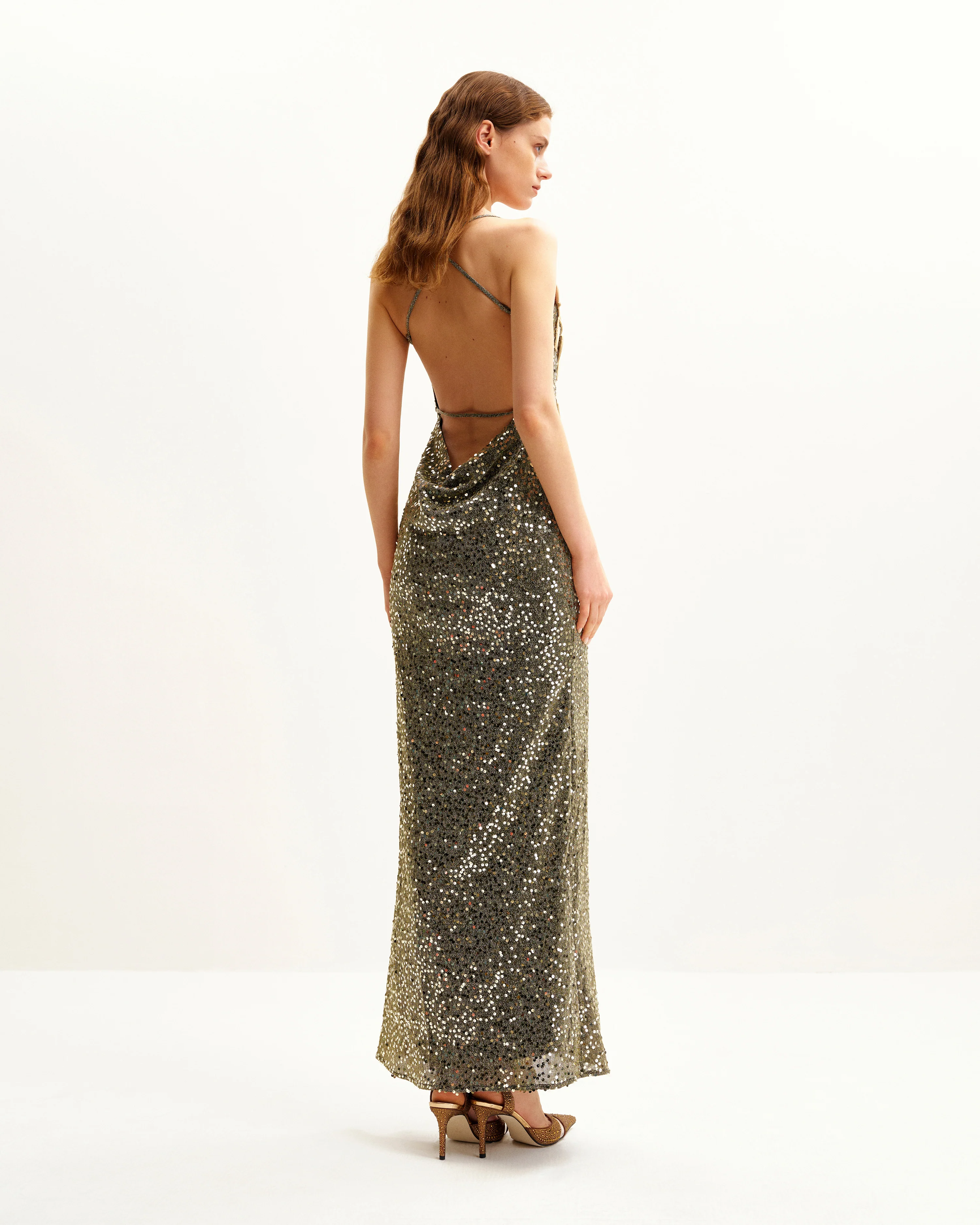 Araminta Sequined Gown with Floral Details - Gold - FASHION NOB