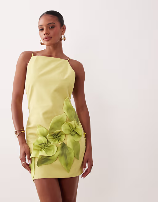 embroidered 3d leaves mini cami dress in lime green
