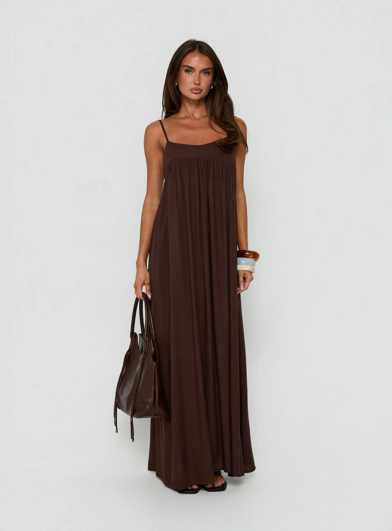 Wildah Linen Smock Maxi Dress Brown - FASHION NOB