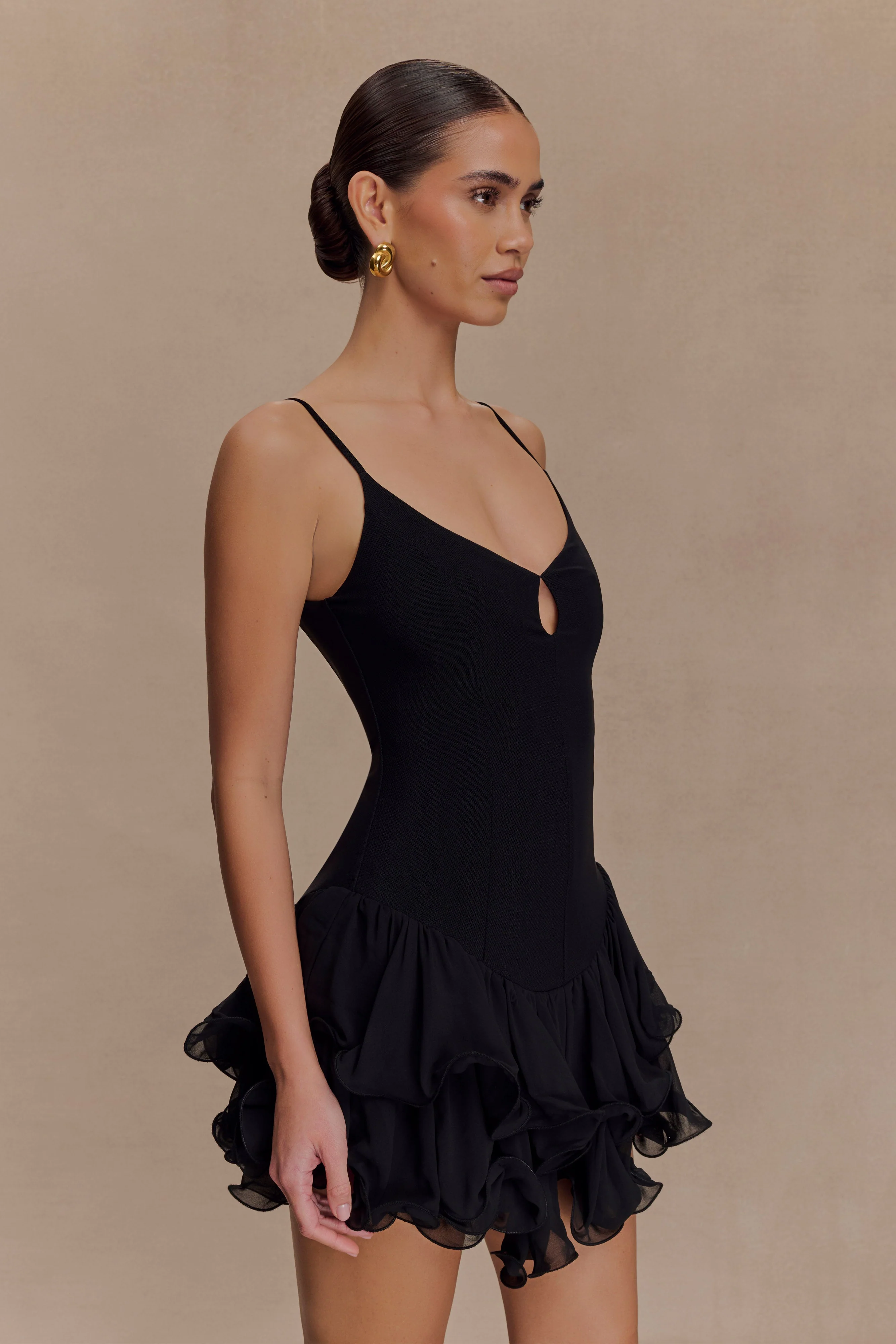Calantha Ruffle Mesh Mini Dress - Black
