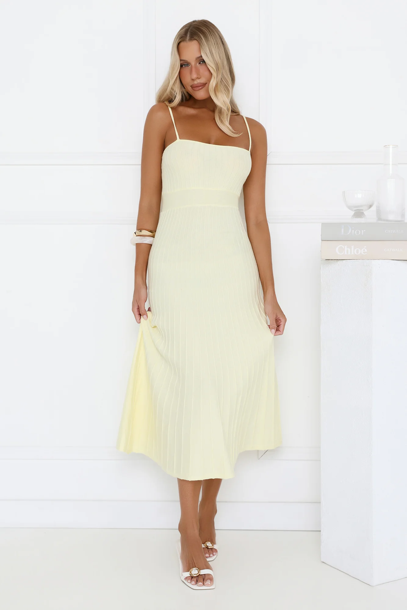 Tennis Club Knit Pleated Midi Dress Yellow