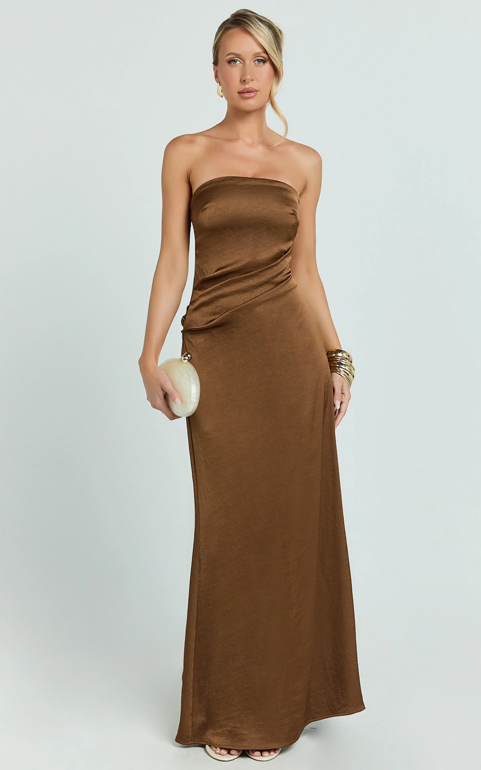 Laurie Maxi Dress - Strapless Draped Satin Dress in Chocolate