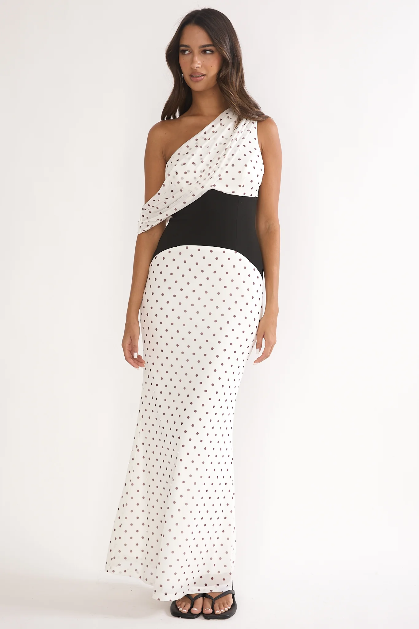 Milos Asymmetric Neckline Maxi Dress Polka Dot Brown