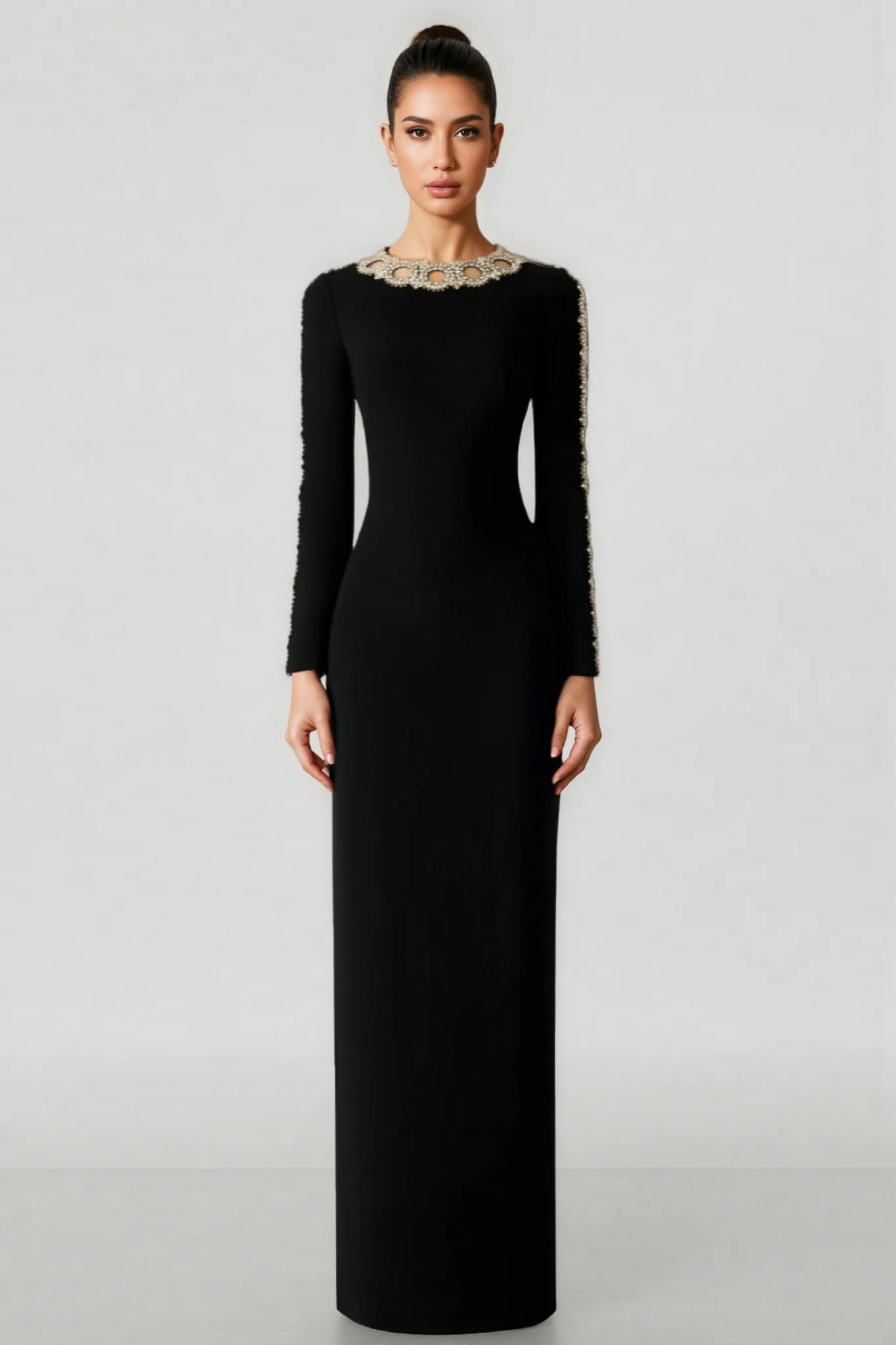 Eiratk Black Openwork Beaded Maxi Dress
