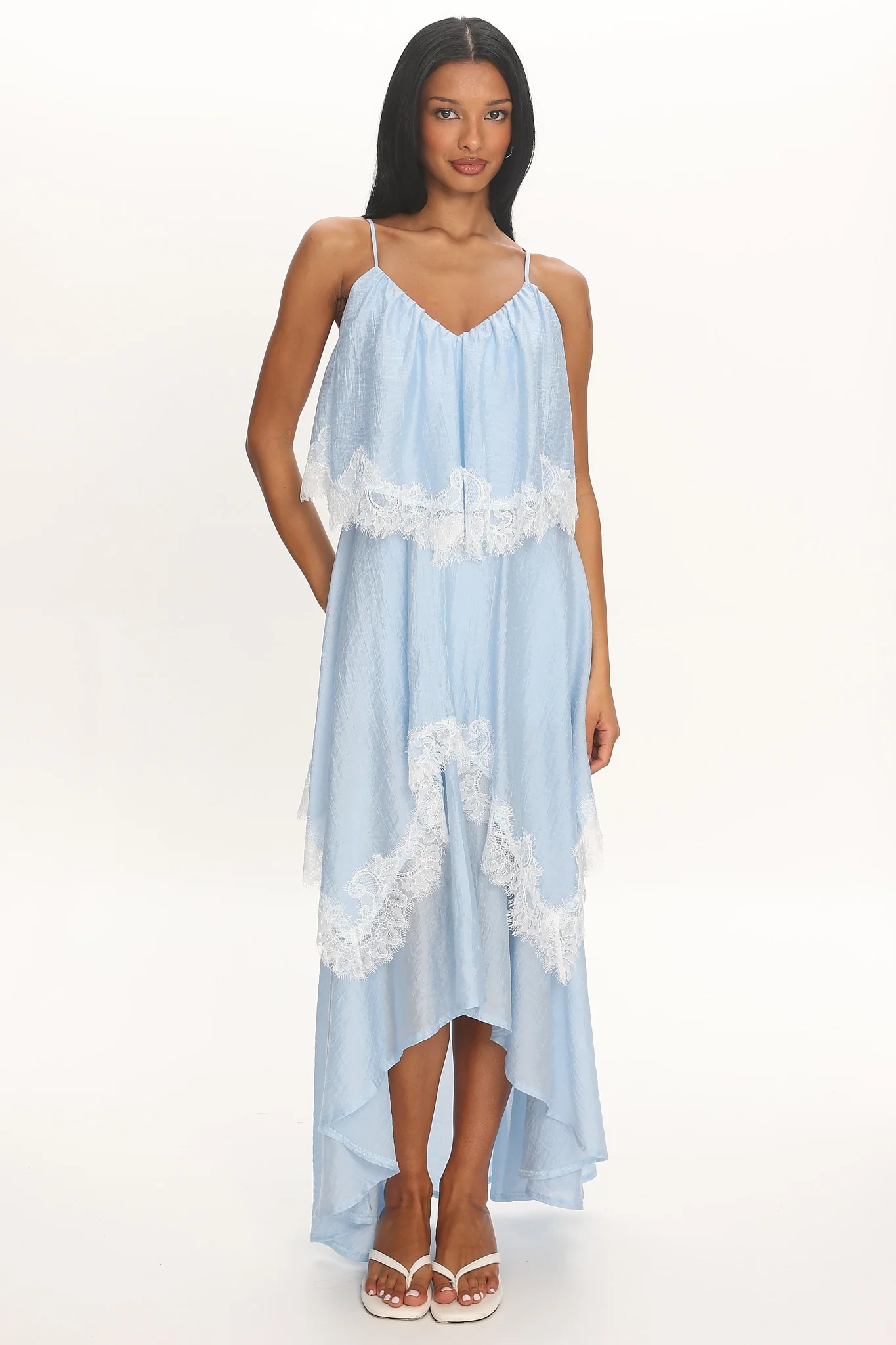 Ivory Dreams Lace-Trim Maxi Dress Baby Blue