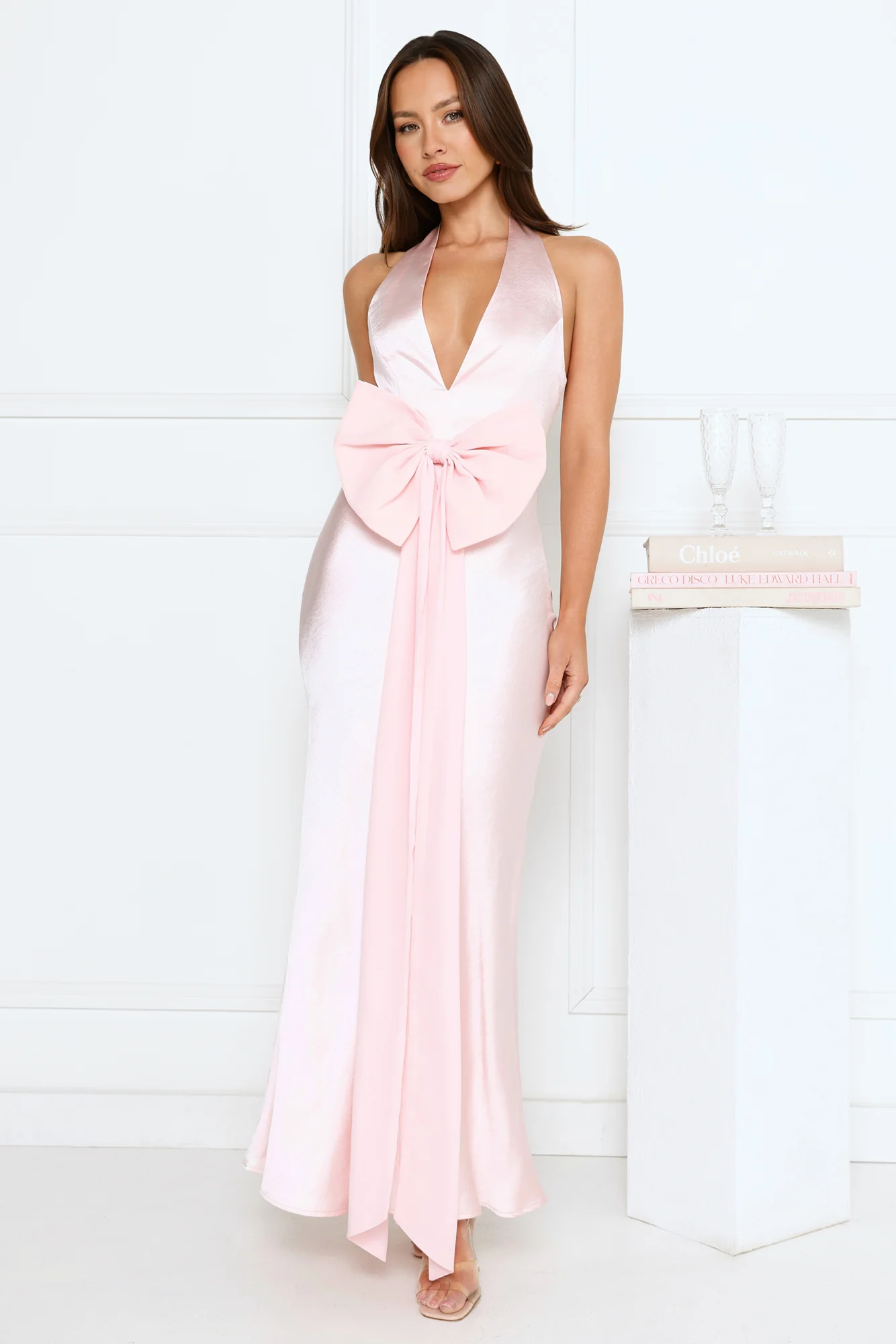 Beauty Hours Halter Satin Maxi Dress Pink