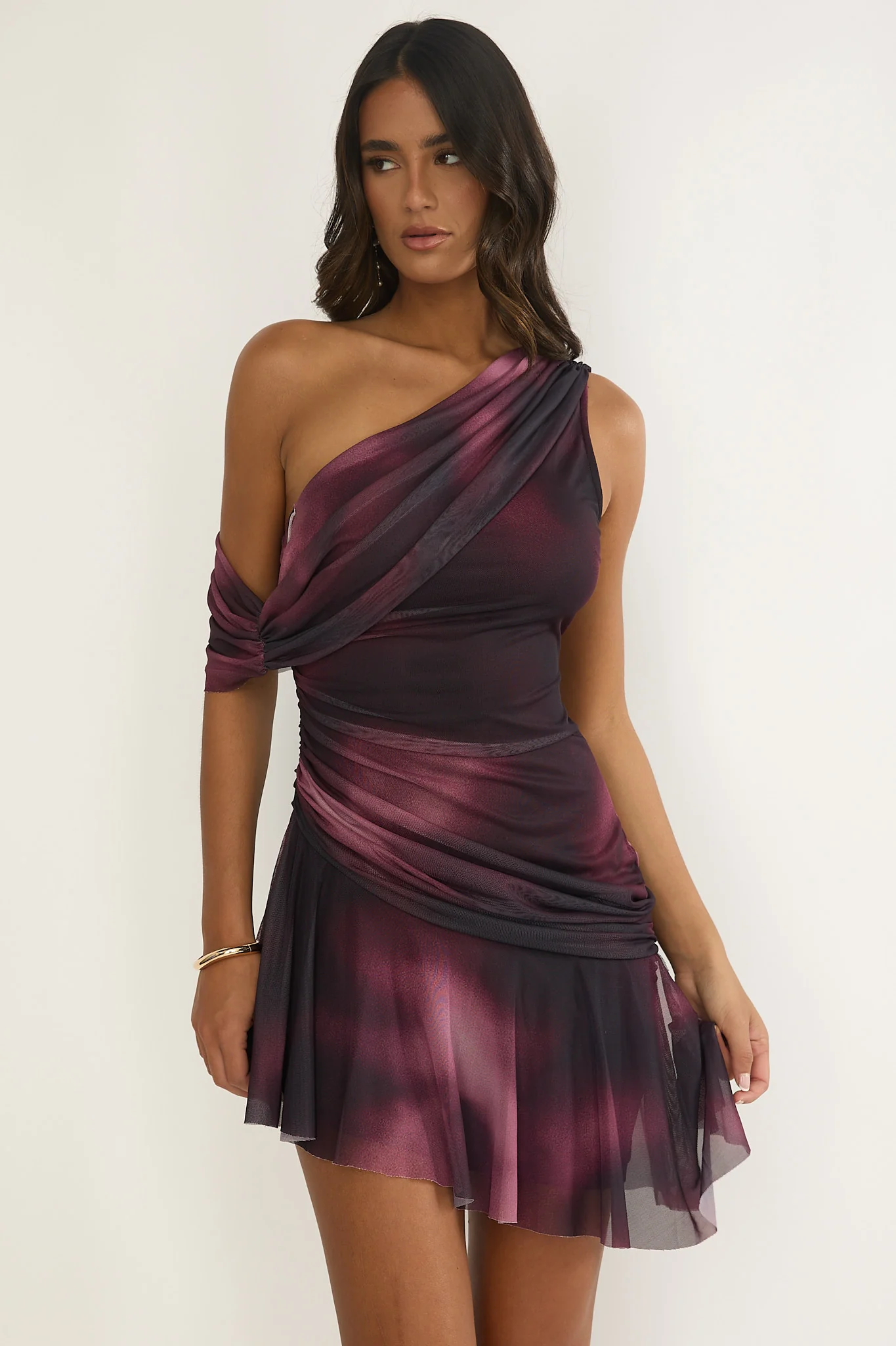 Anaisa One-Shoulder Draped Mini Dress Print Wine - luluinthesky