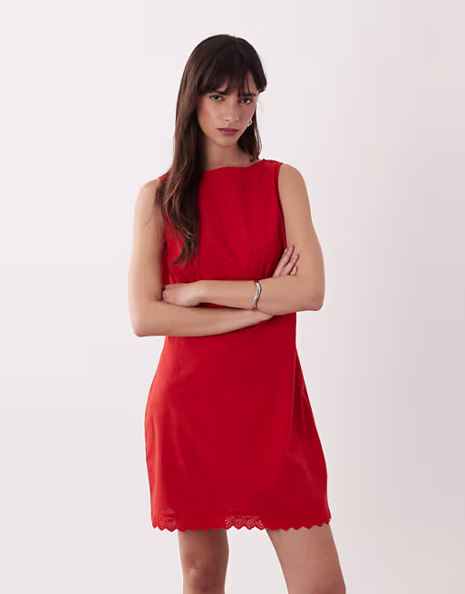 slash neck mini sundress with sculpted bust and eyelet hem in tomato red