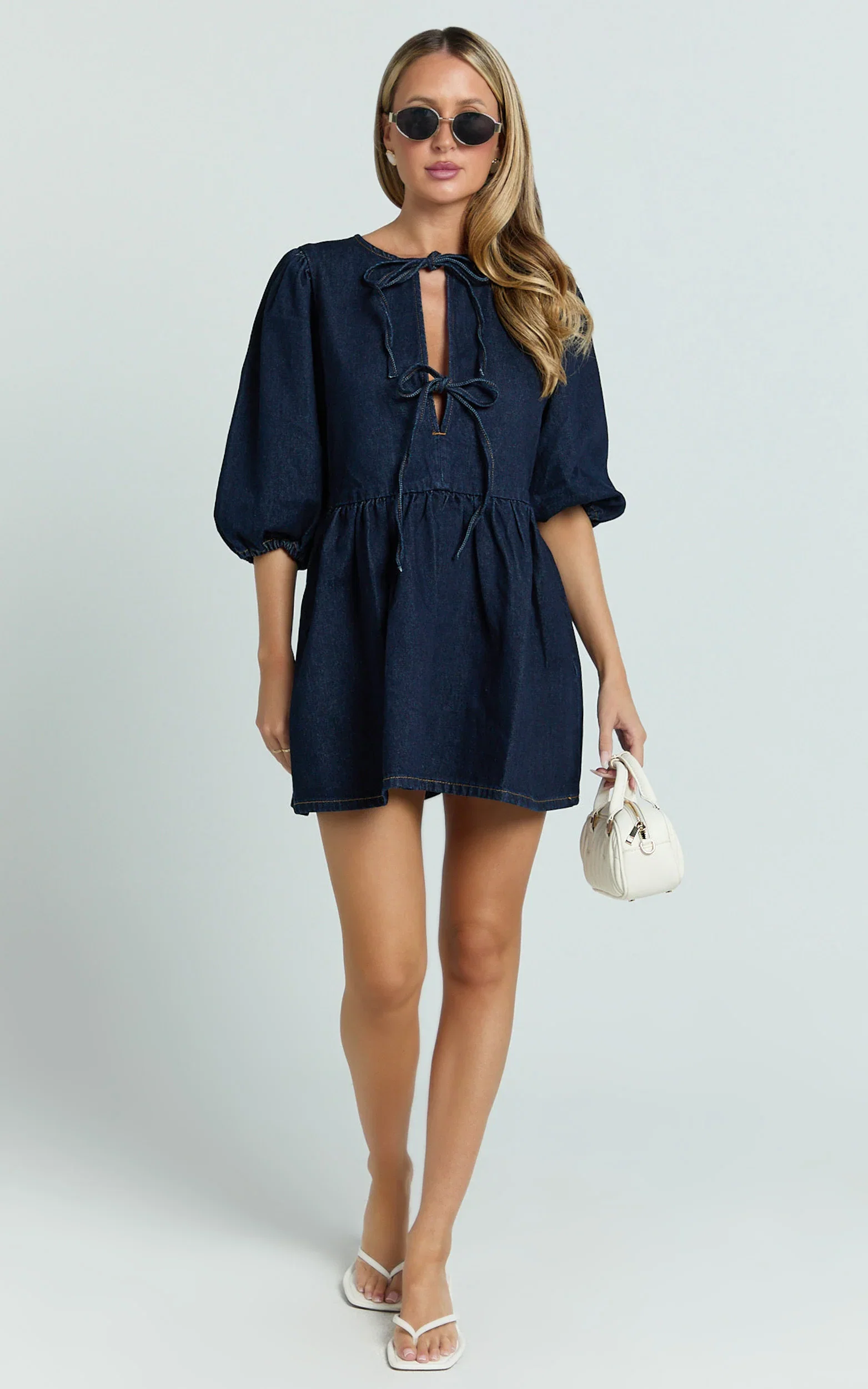 Shailene Mini Dress - Tie Front Puff Sleeve Recycled Denim Dress in Raw Indigo