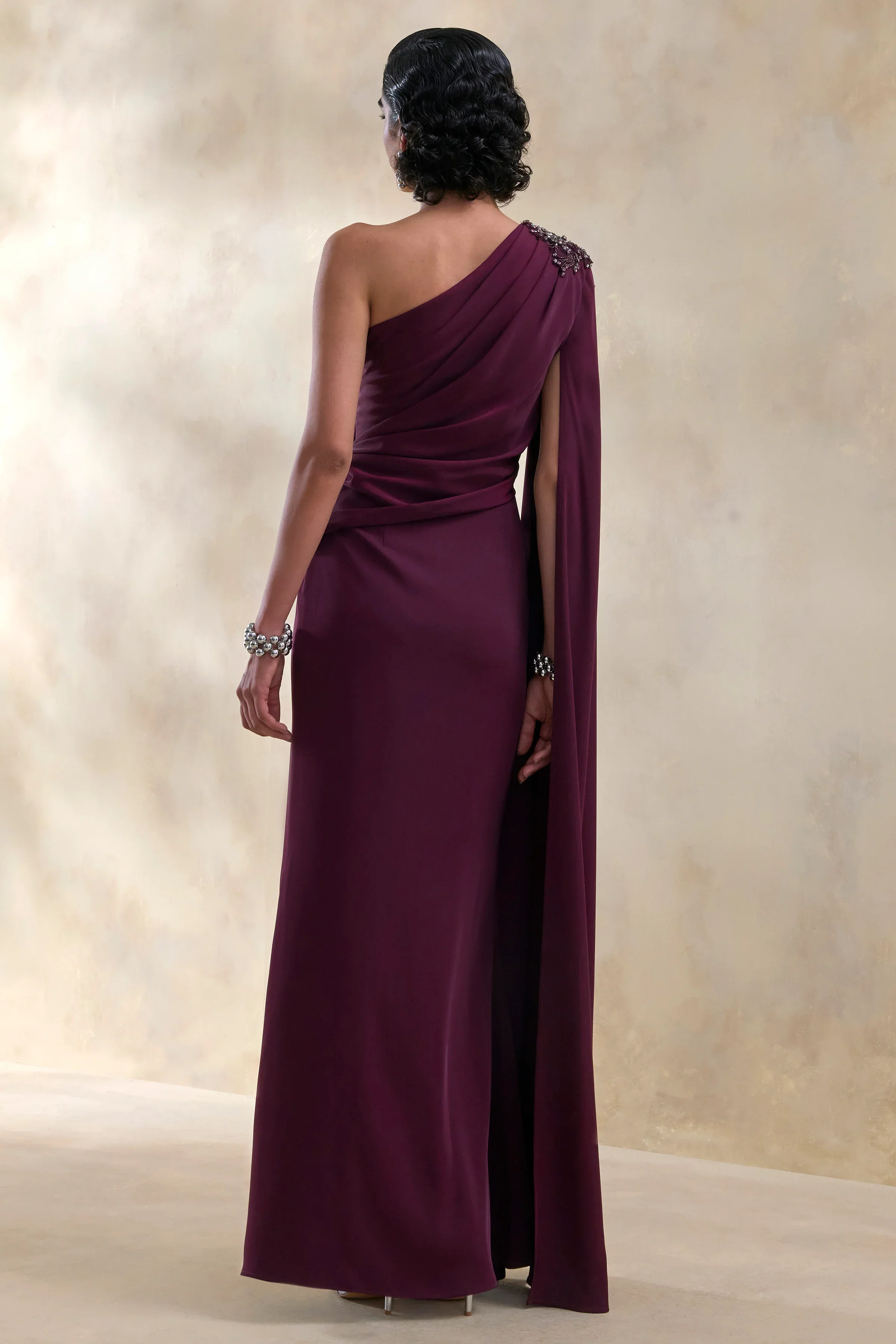 Solace | Dark Plum Asymmetric-Neck Maxi Dress With Front-High Split