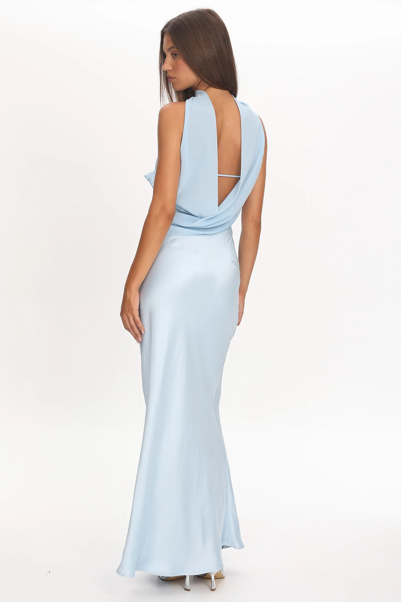 Damsel Reverse Halter Frill Trim Maxi Dress Baby Blue - luluinthesky