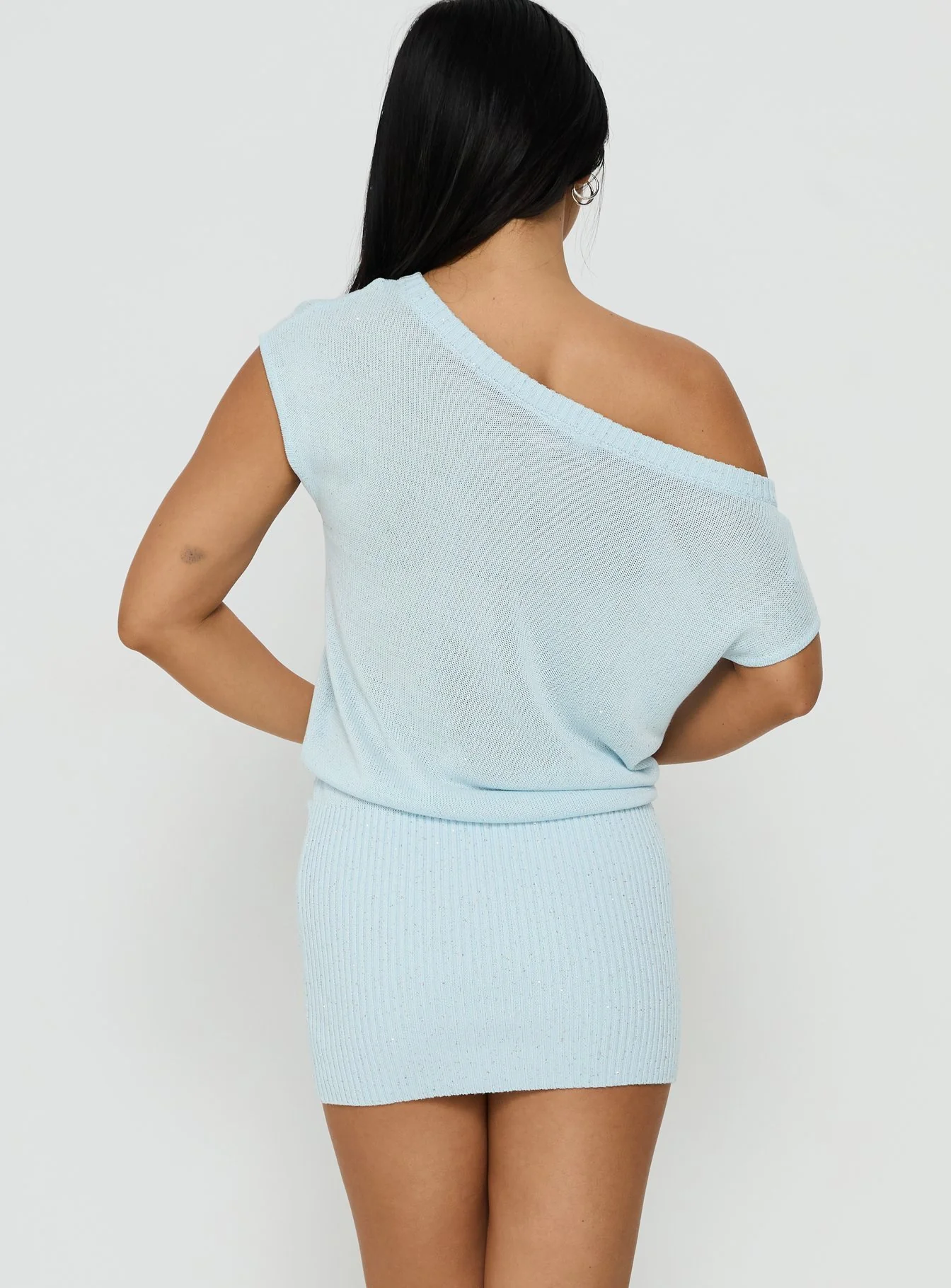 Idilia Off Shoulder Knit Mini Dress Blue