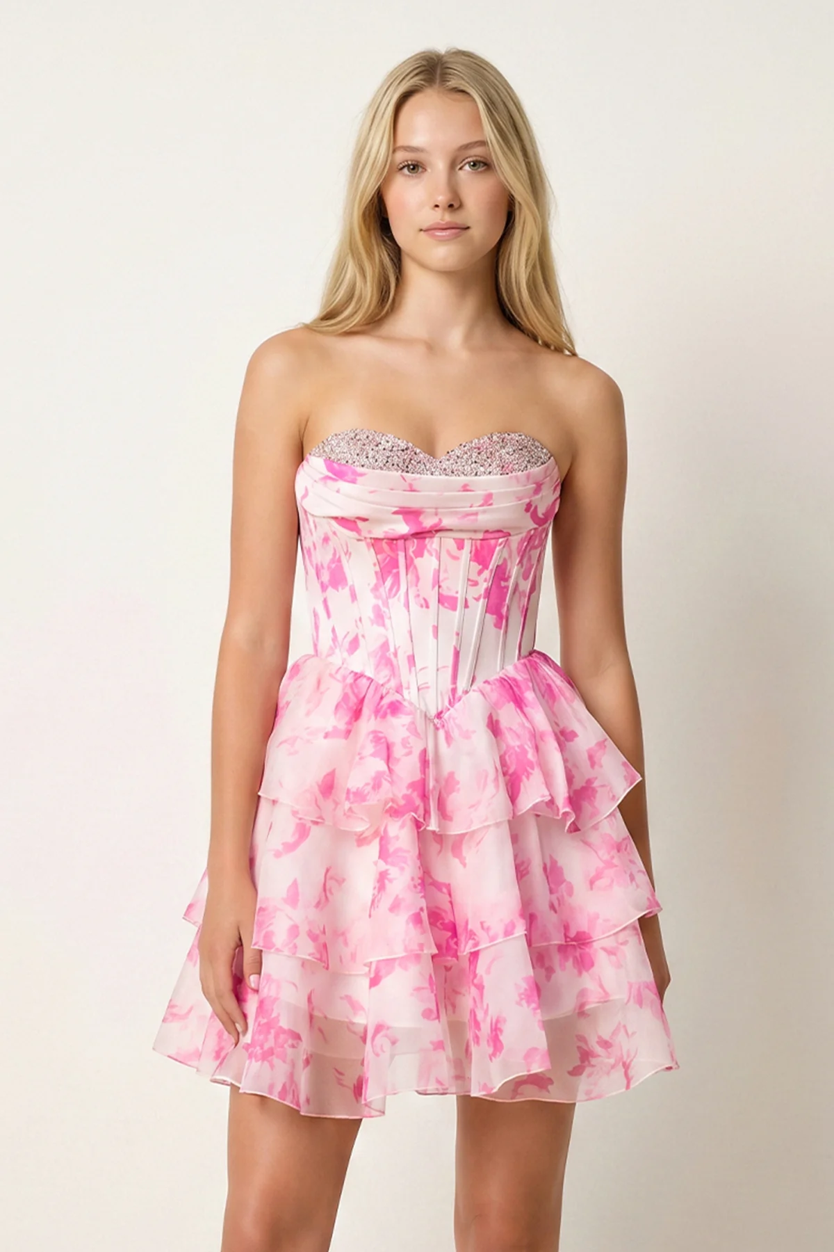 Pink A Line Sweetheart Floral Chiffon Ruffles Homecoming Dress With Beading