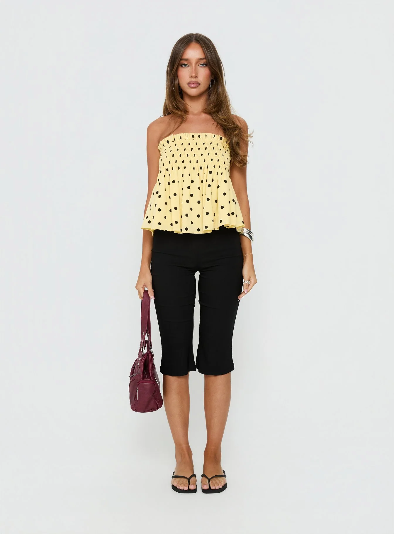Peachy Keen Frill Cami Top Yellow Polka Dot