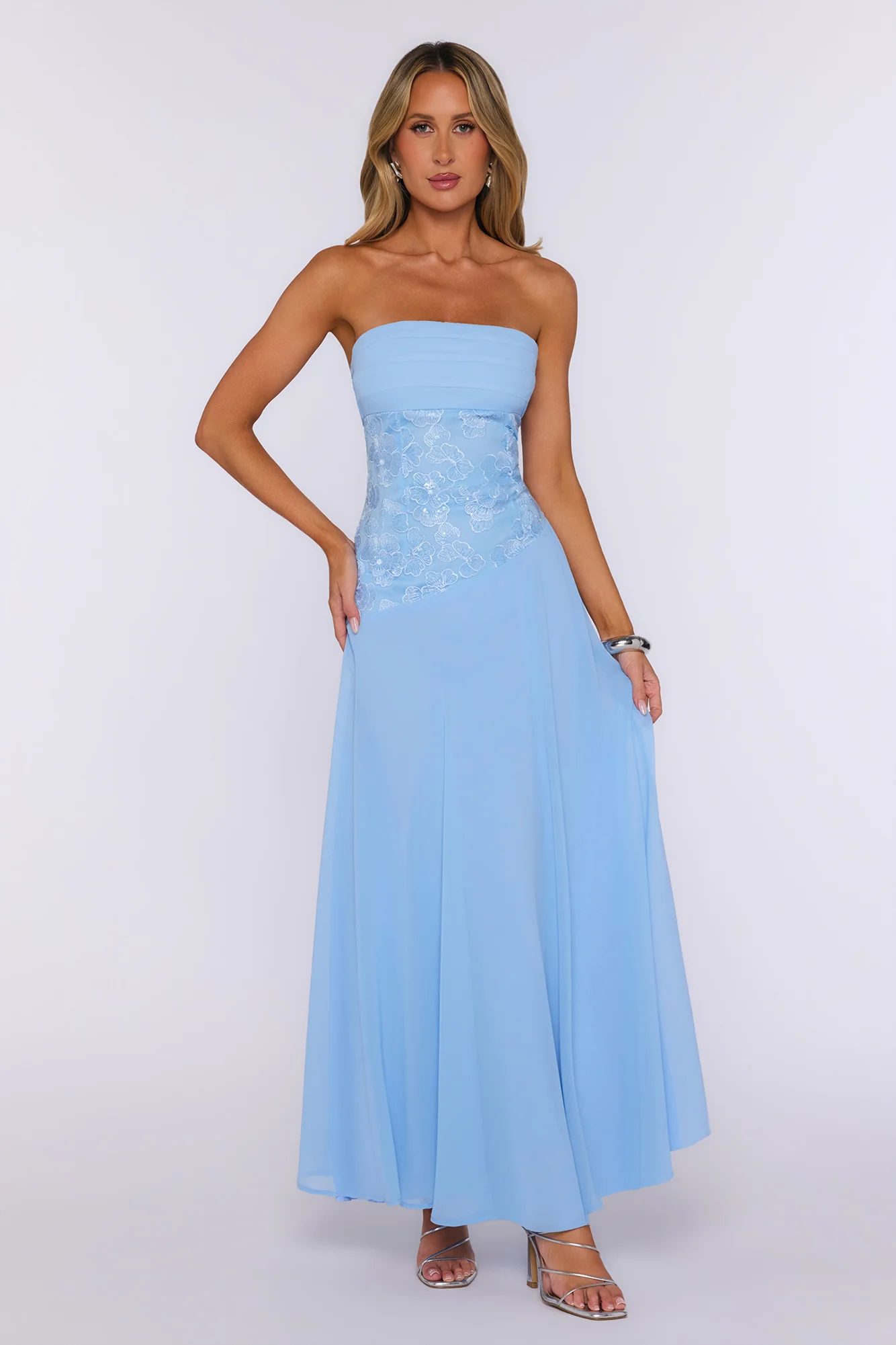 With Pleasure Strapless Embroidered Maxi Dress Blue
