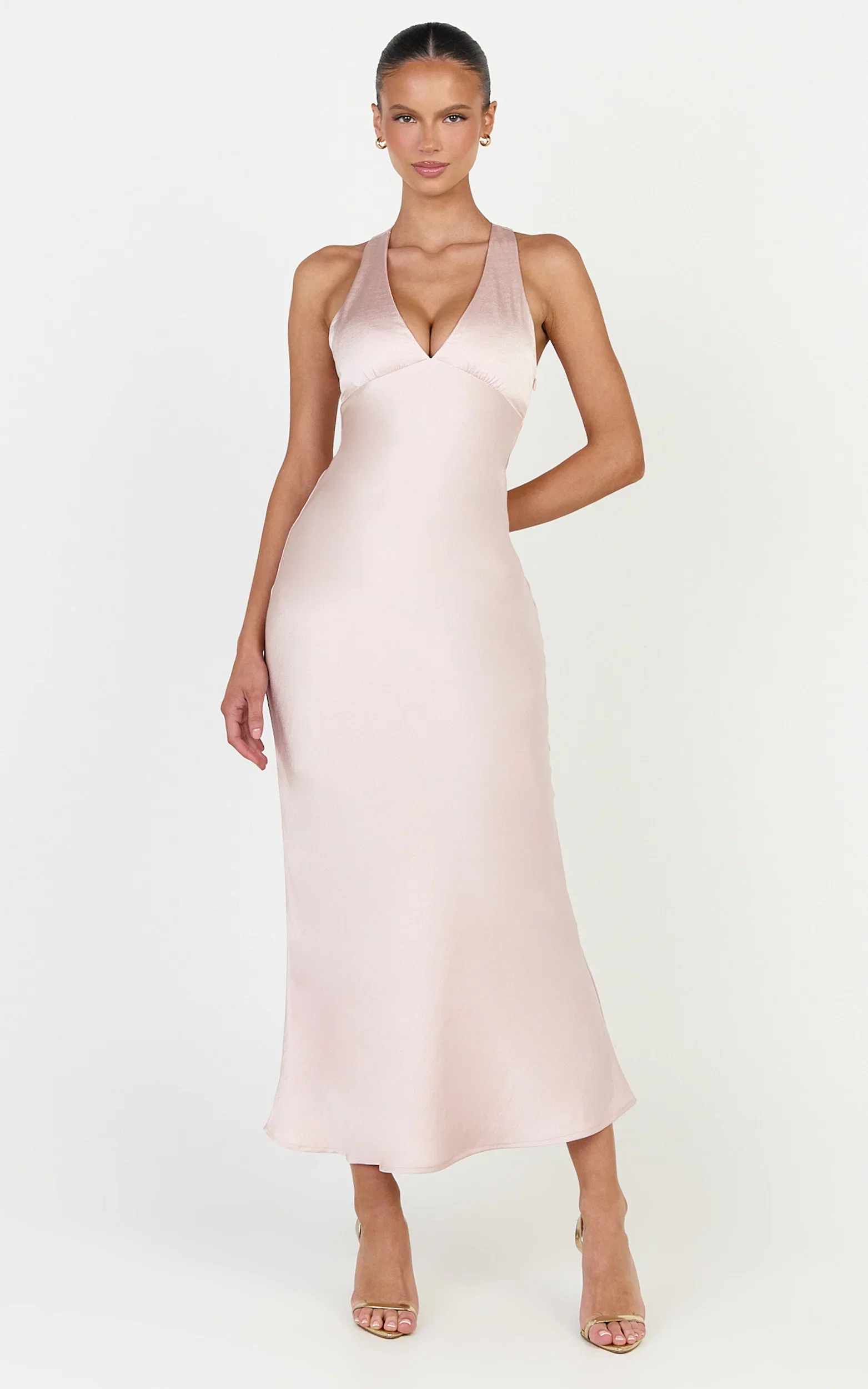 Khalani Midi Dress - Deep V Neck Satin Slip Dress in Light Pink