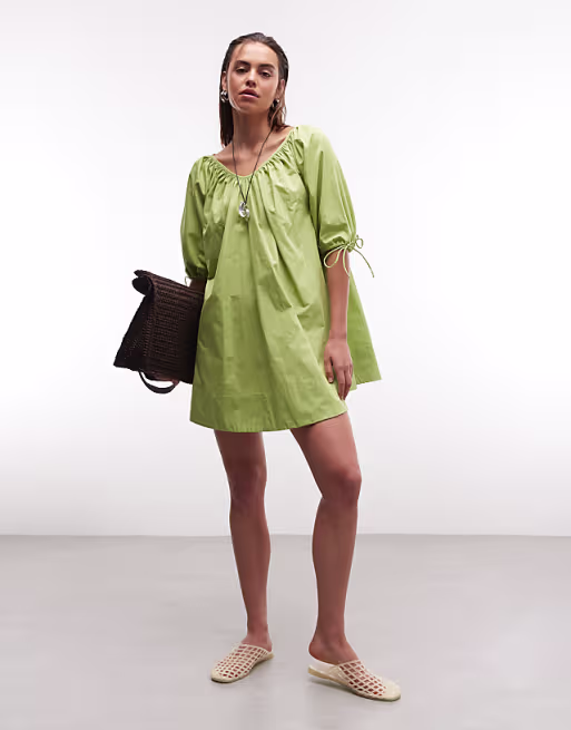 scoop neck poplin mini dress with tie sleeves in green