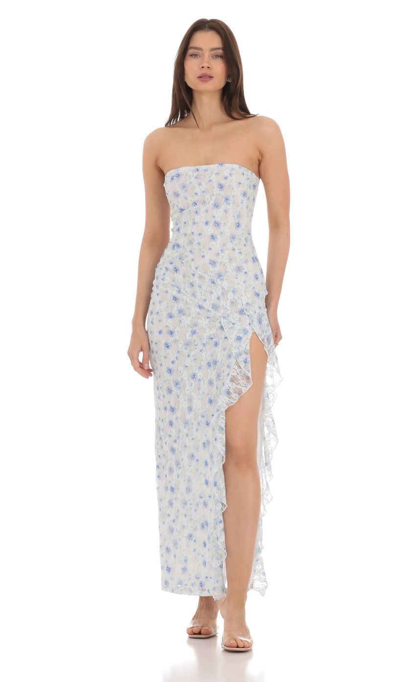 Strapless Floral Lace Ruffle Slit Dress in Pastel Blue