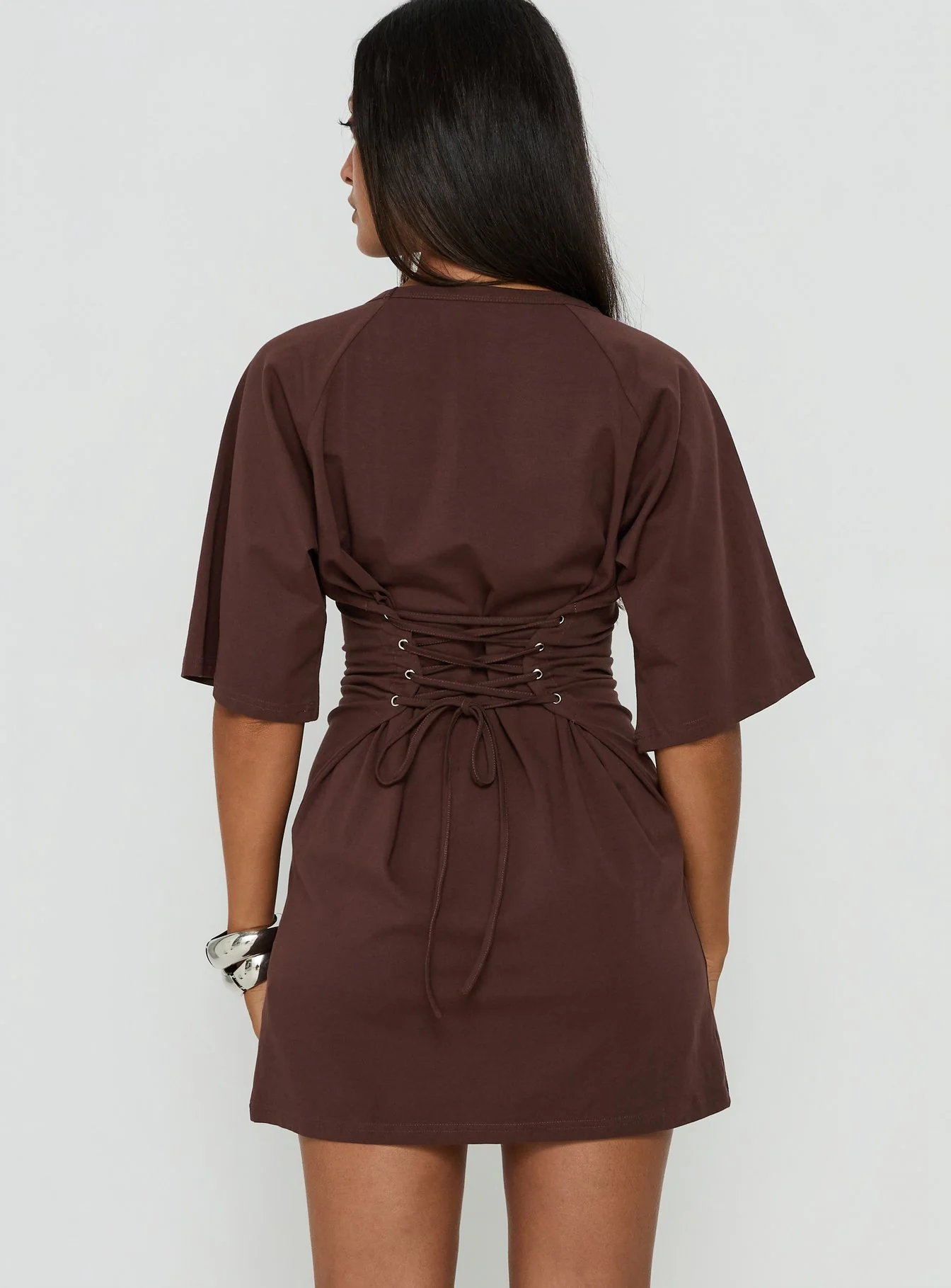 Enzia Raglan Lace Up Mini Dress Brown