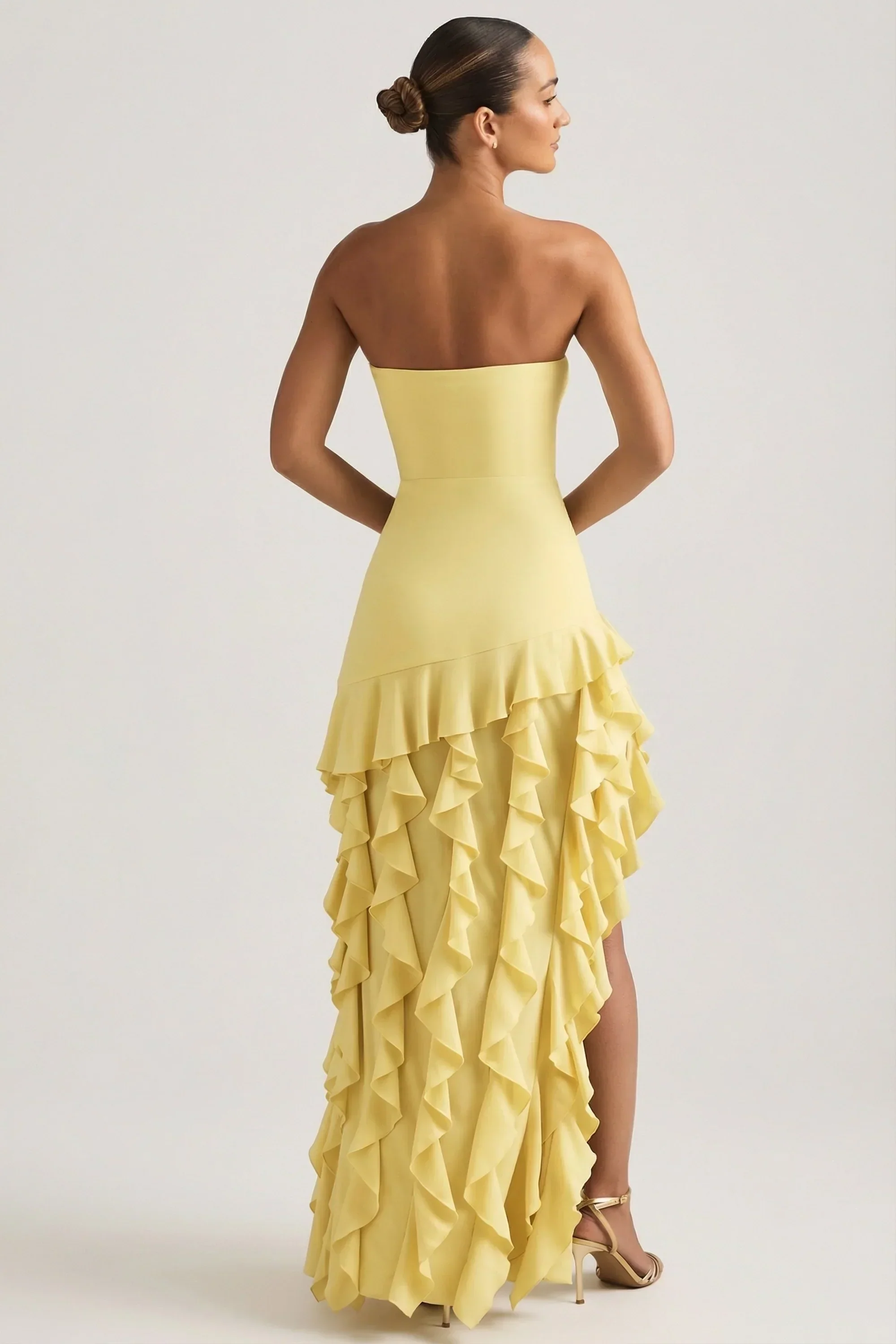 Ruffle-Trim Strapless Gown in Pastel Yellow