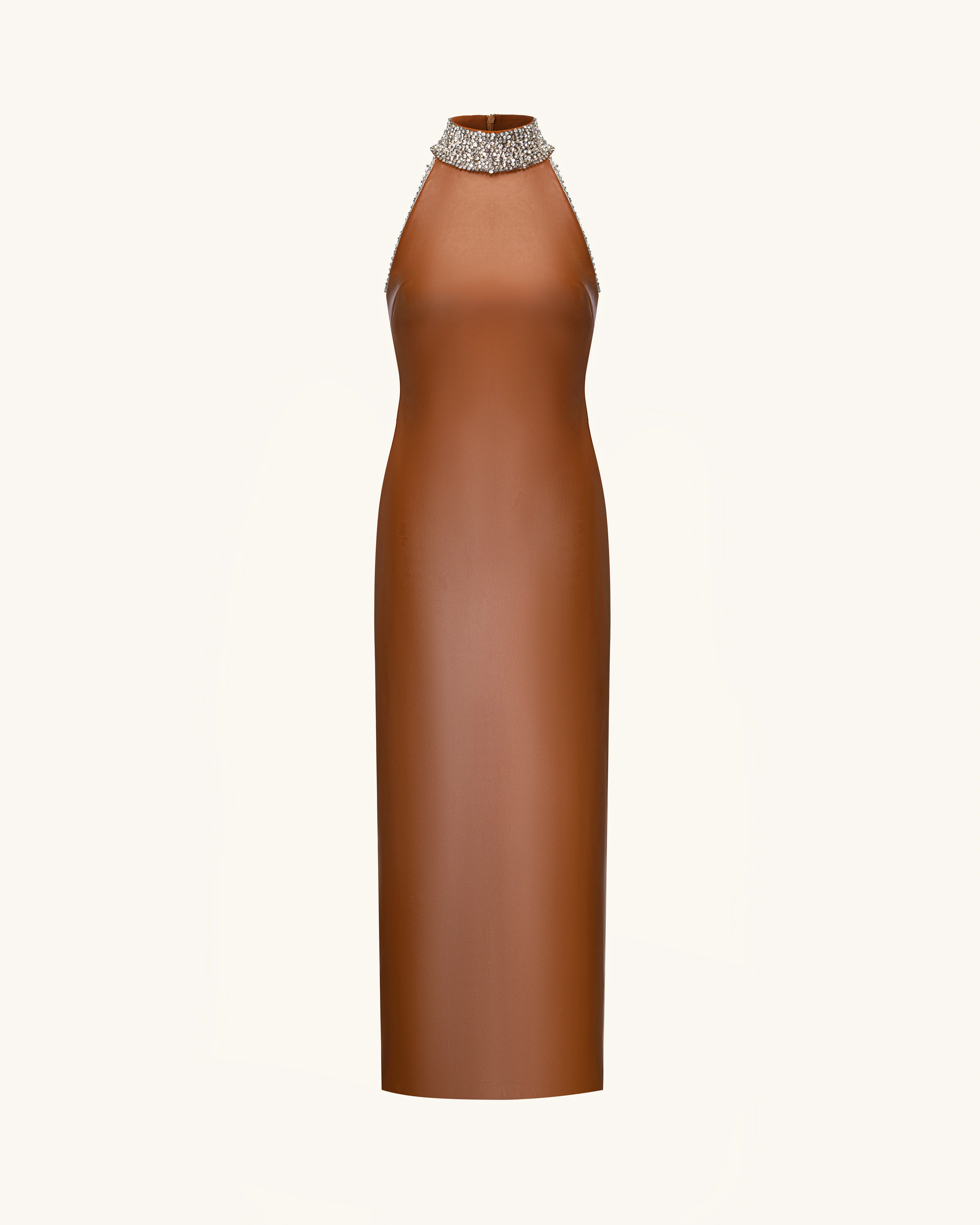 Jeweled High Neck Halter Maxi Dress - Caramel Brown - FASHION NOB