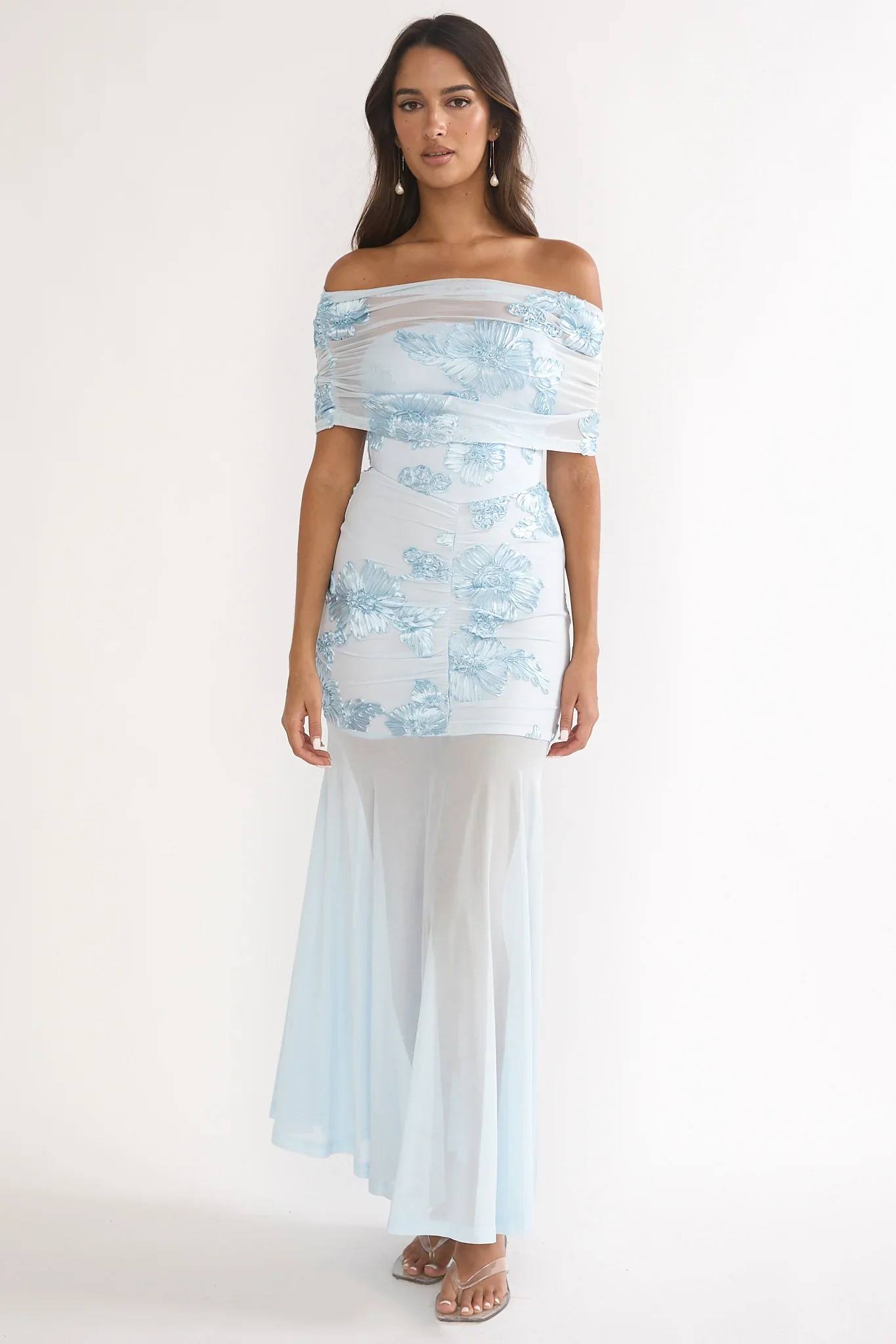 Clarita Sheer Ruched Maxi Dress Embellished Blue