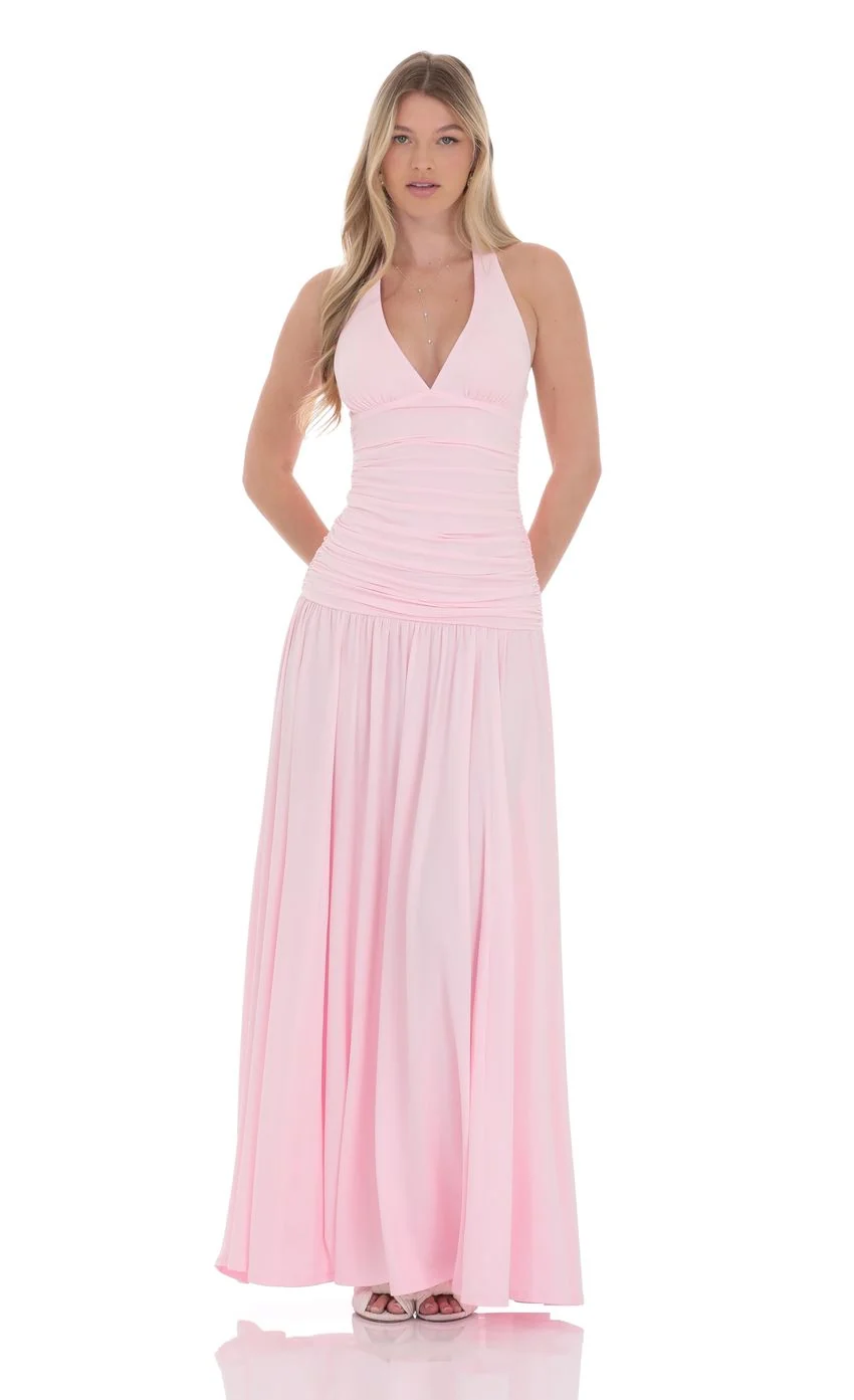Halter Drop Waist Maxi Dress in Pink