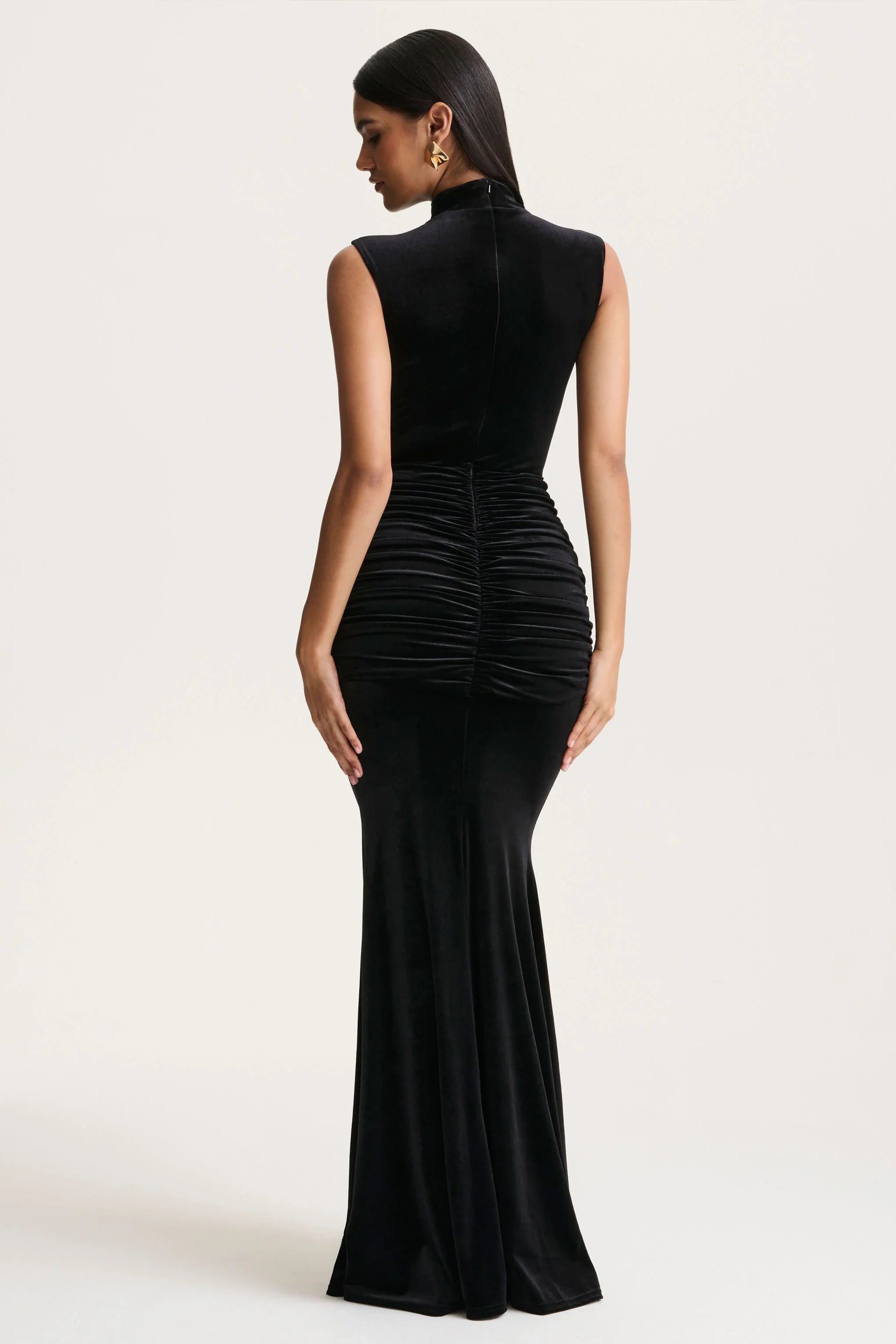 Idalina | Black Velvet High-Neck Maxi Dress With Gathered-Detailing