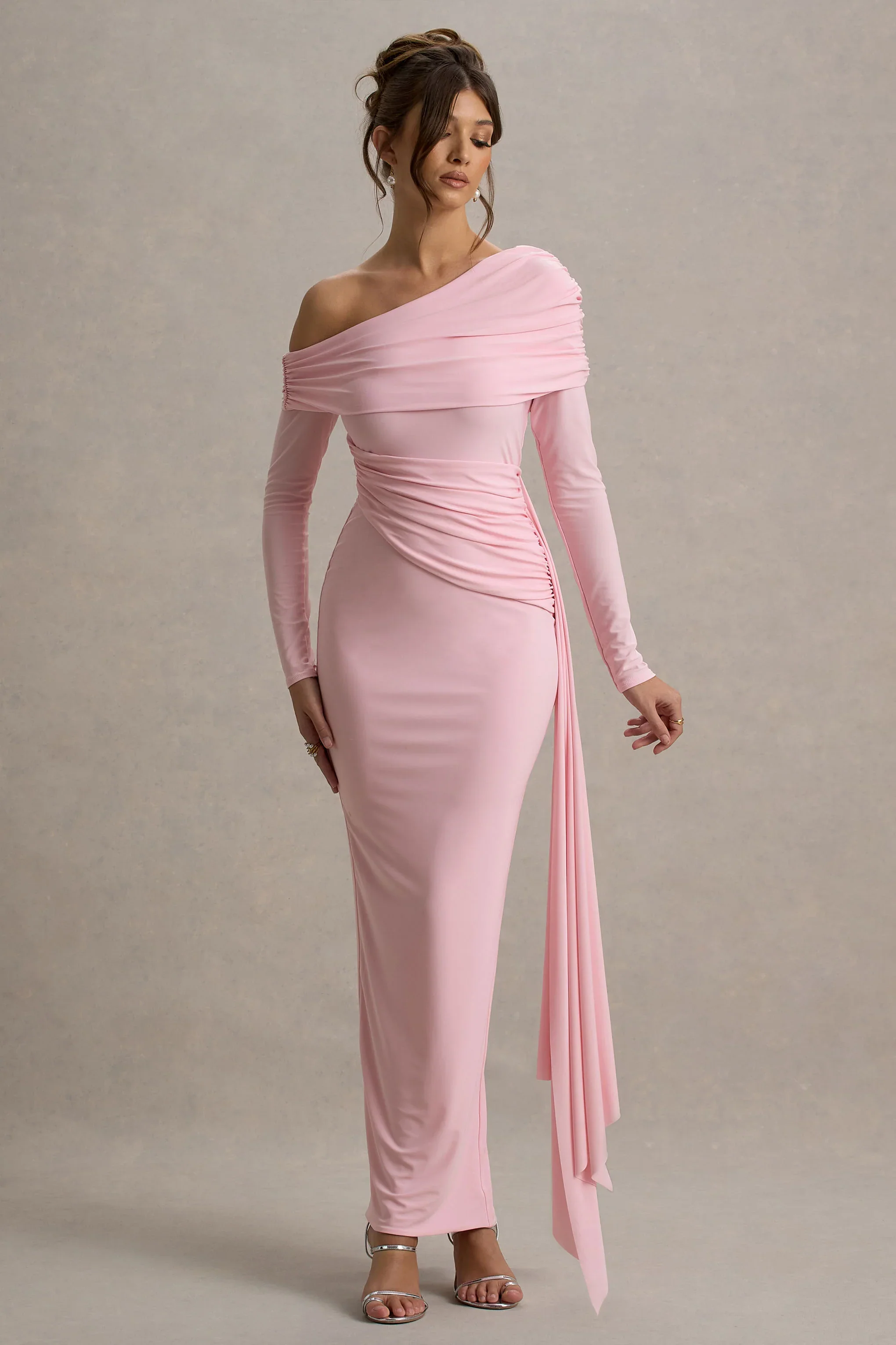 Valina | Pink Ruched Asymmetric Maxi Dress With Drape