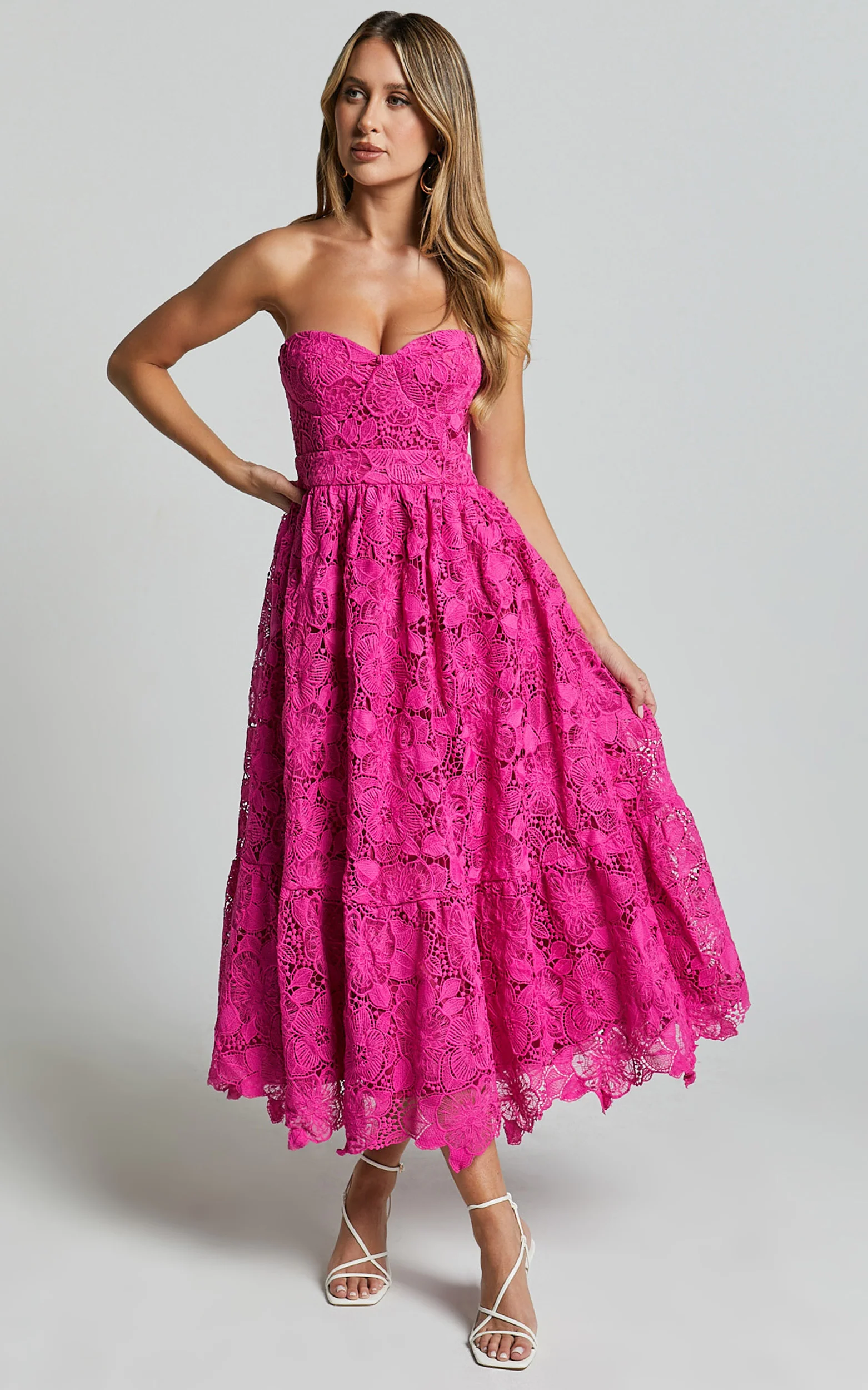 Gabriela Midi Dress - Strapless Lace Dress in Magenta