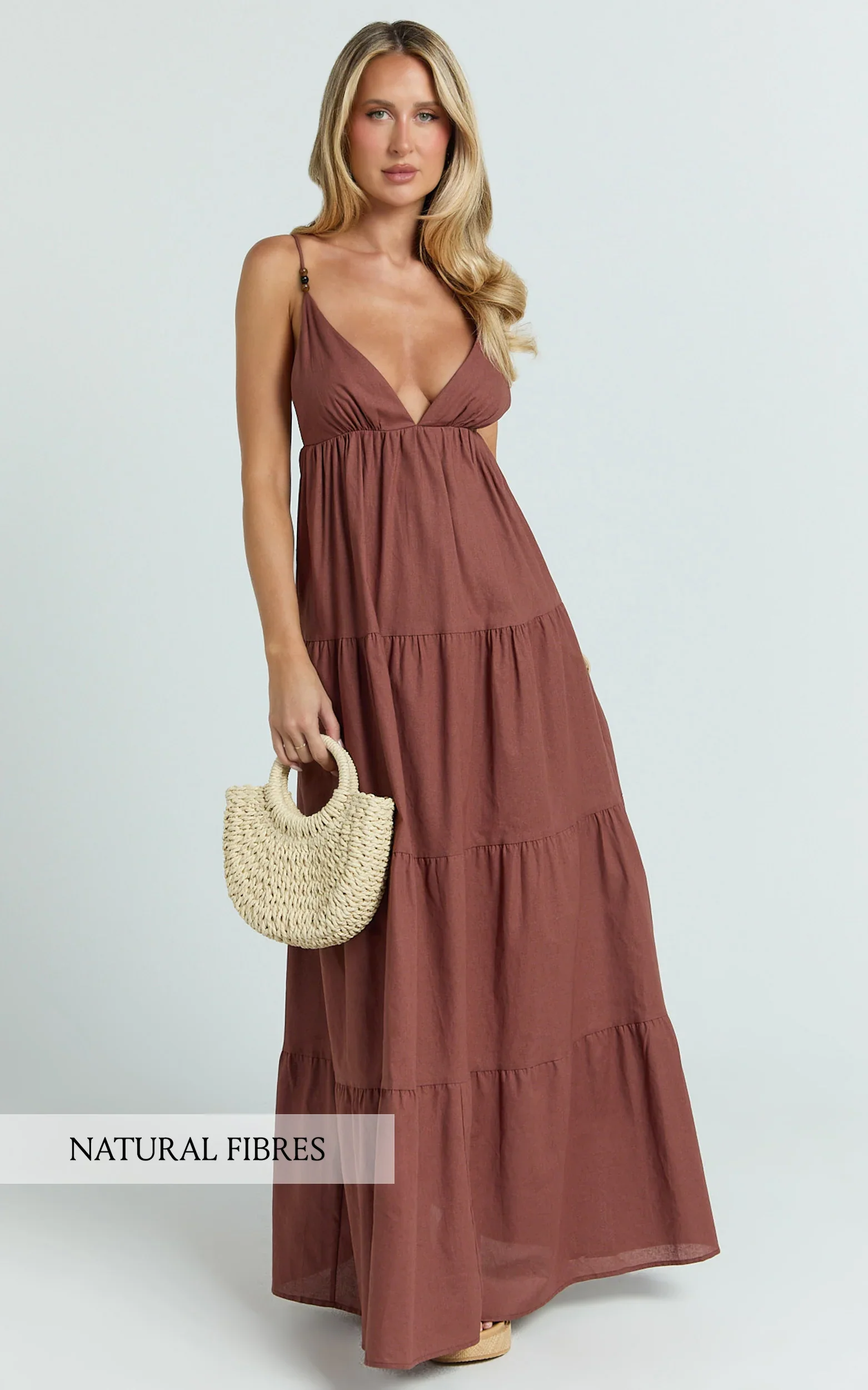 Eugene Maxi Dress - Beaded Strap Tiered Maxi Dress in Brown