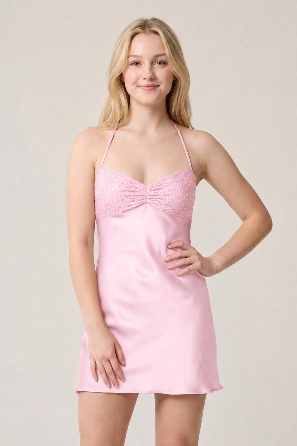 Burgundy Halter Satin Sheath Sequined Mini Homecoming Dress