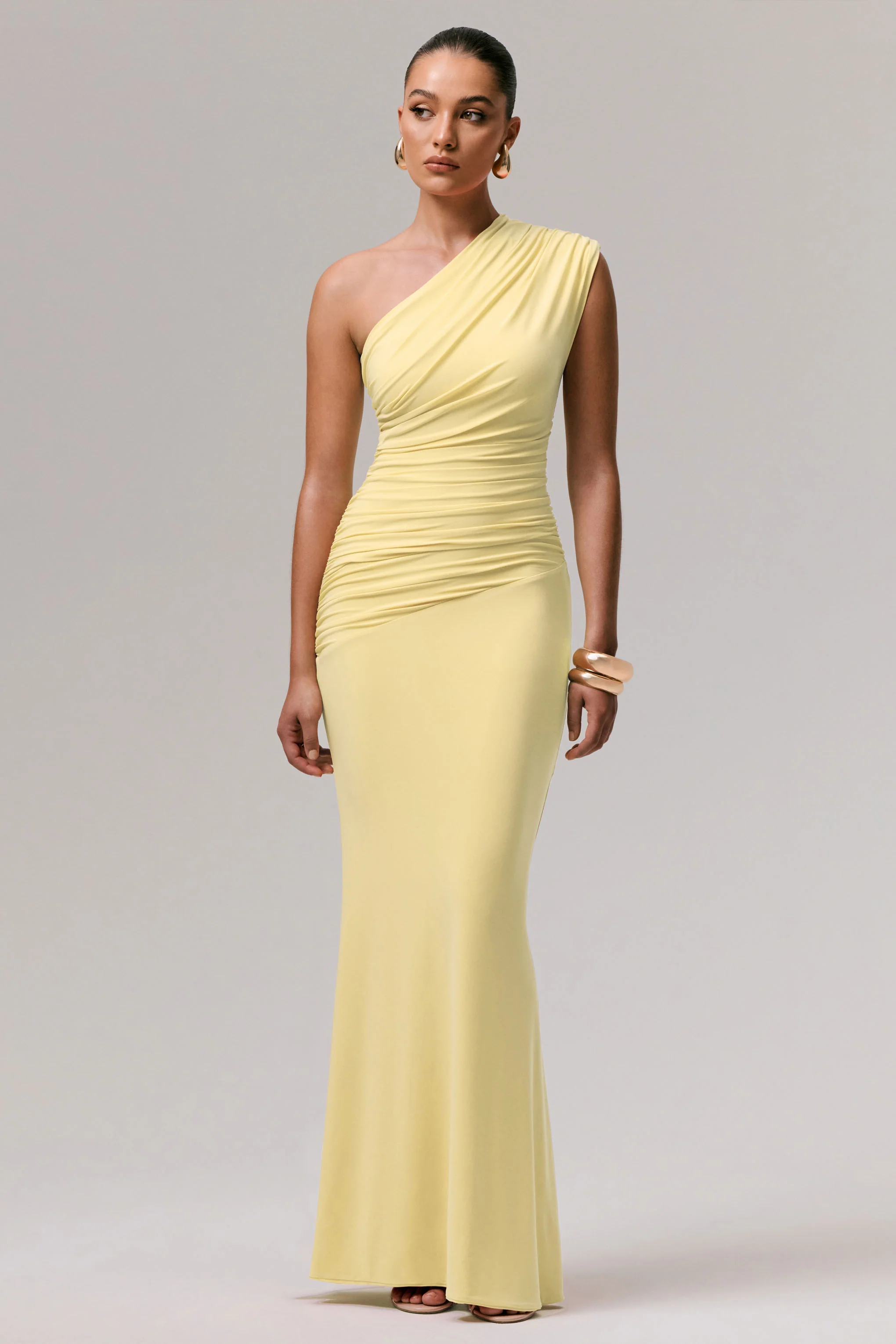 Mardi | Lemon Asymmetric Maxi Dress With Ruching