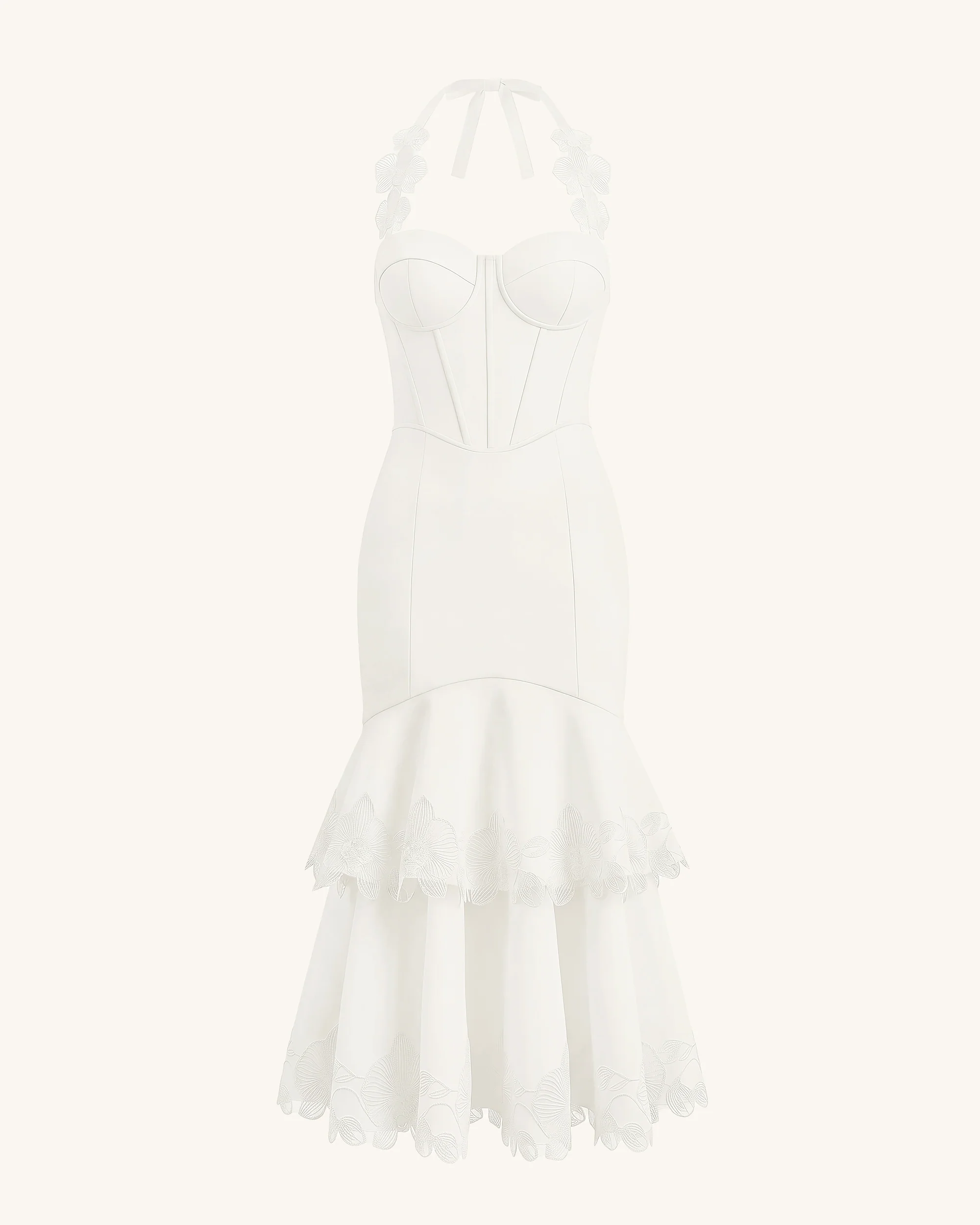 Orchid Embroidered Halter Corset Midi Dress - White