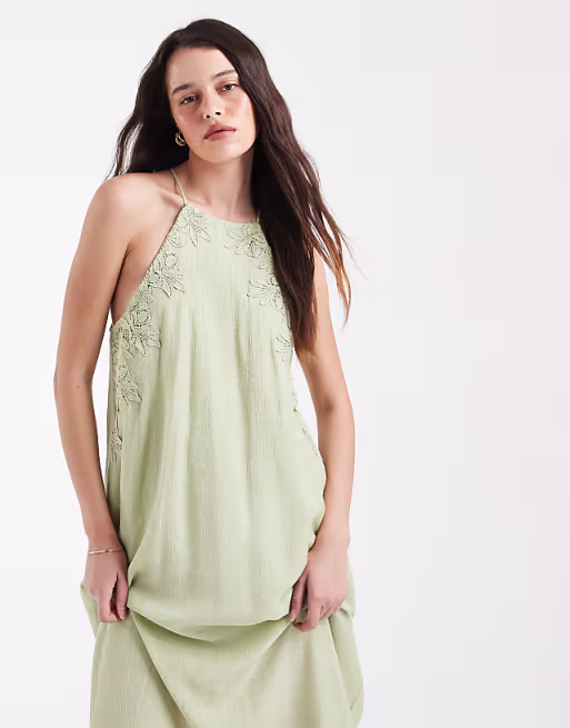 Object textured halter neck maxi dress with embroidery in sage green