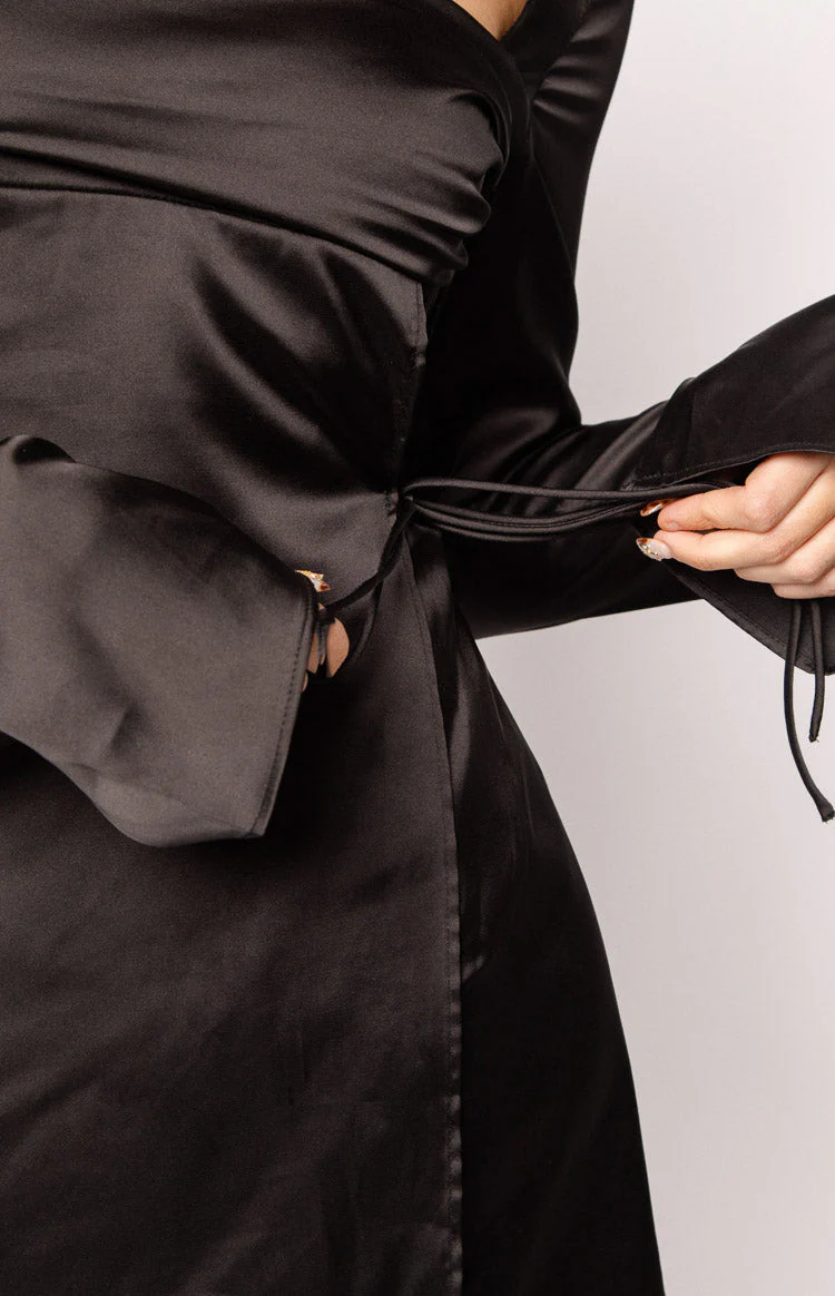Lucy Black Satin Long Sleeve Mini Dress