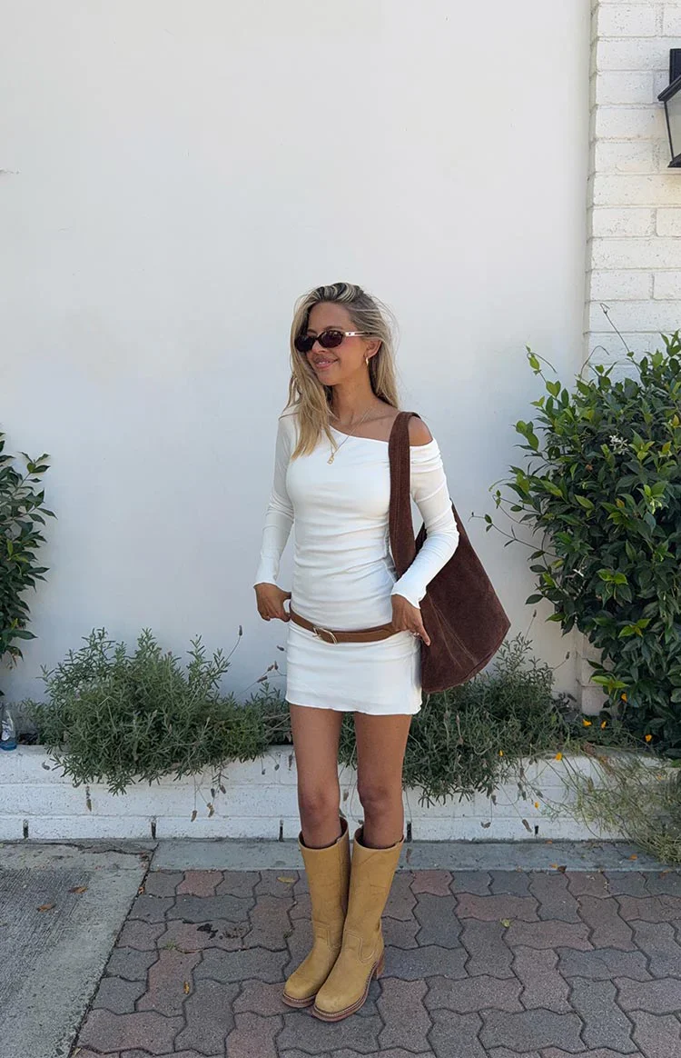 Myles White Long Sleeve Drop Shoulder Mini Dress