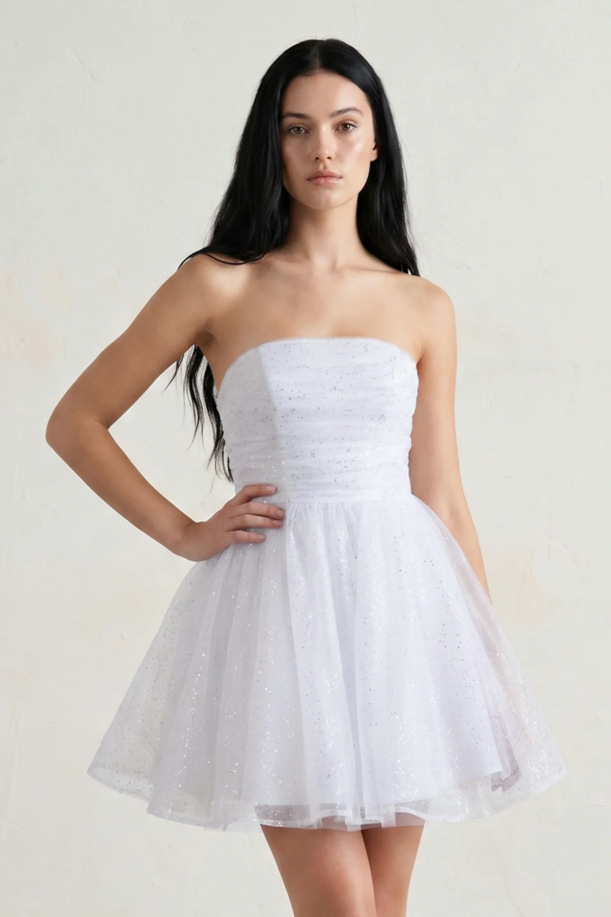 White A Line Strapless Glitter Tulle Ruffled Homecoming Dresses with Bow